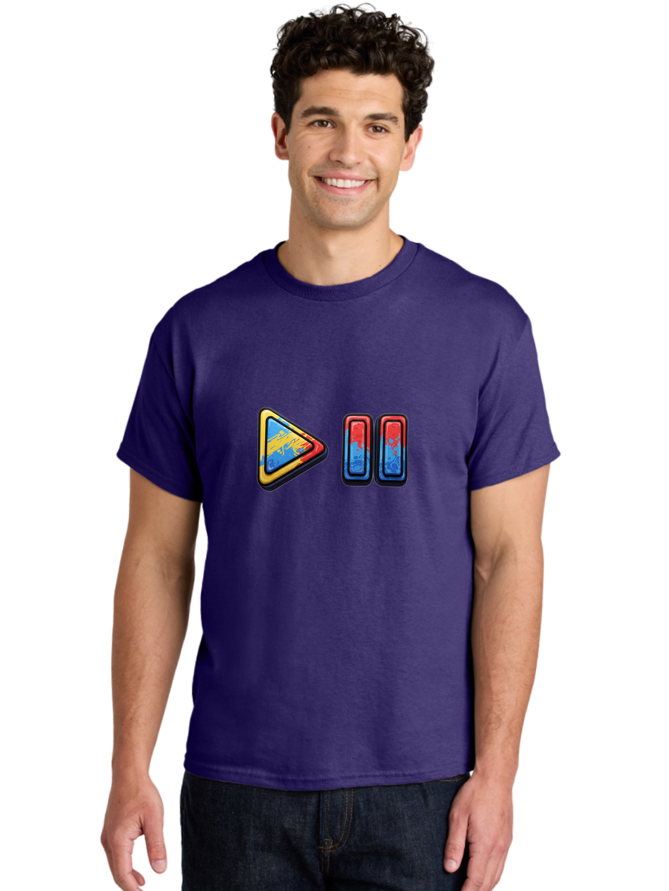 Play-Button-And-Skip-Buttons Men'S Graphic Tee, 100% Cotton, Comfortable Casual Summer Wear, Machine Washable, Play Button, Media Controls, Video Player, Glitch Art, Distorted Graphics, Abstract Shapes, Vibrant Colors, Button Icons, Bac324