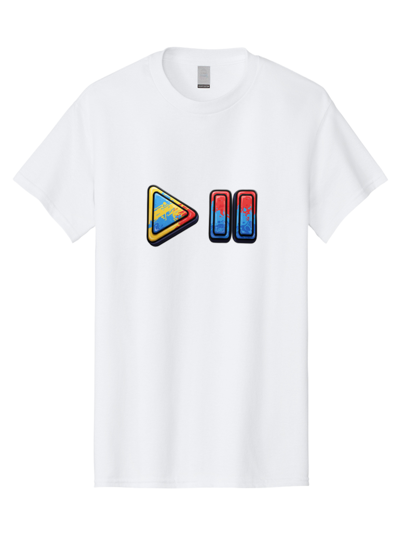 Play-Button-And-Skip-Buttons Men'S Graphic Tee, 100% Cotton, Comfortable Casual Summer Wear, Machine Washable, Play Button, Media Controls, Video Player, Glitch Art, Distorted Graphics, Abstract Shapes, Vibrant Colors, Button Icons, Bac324