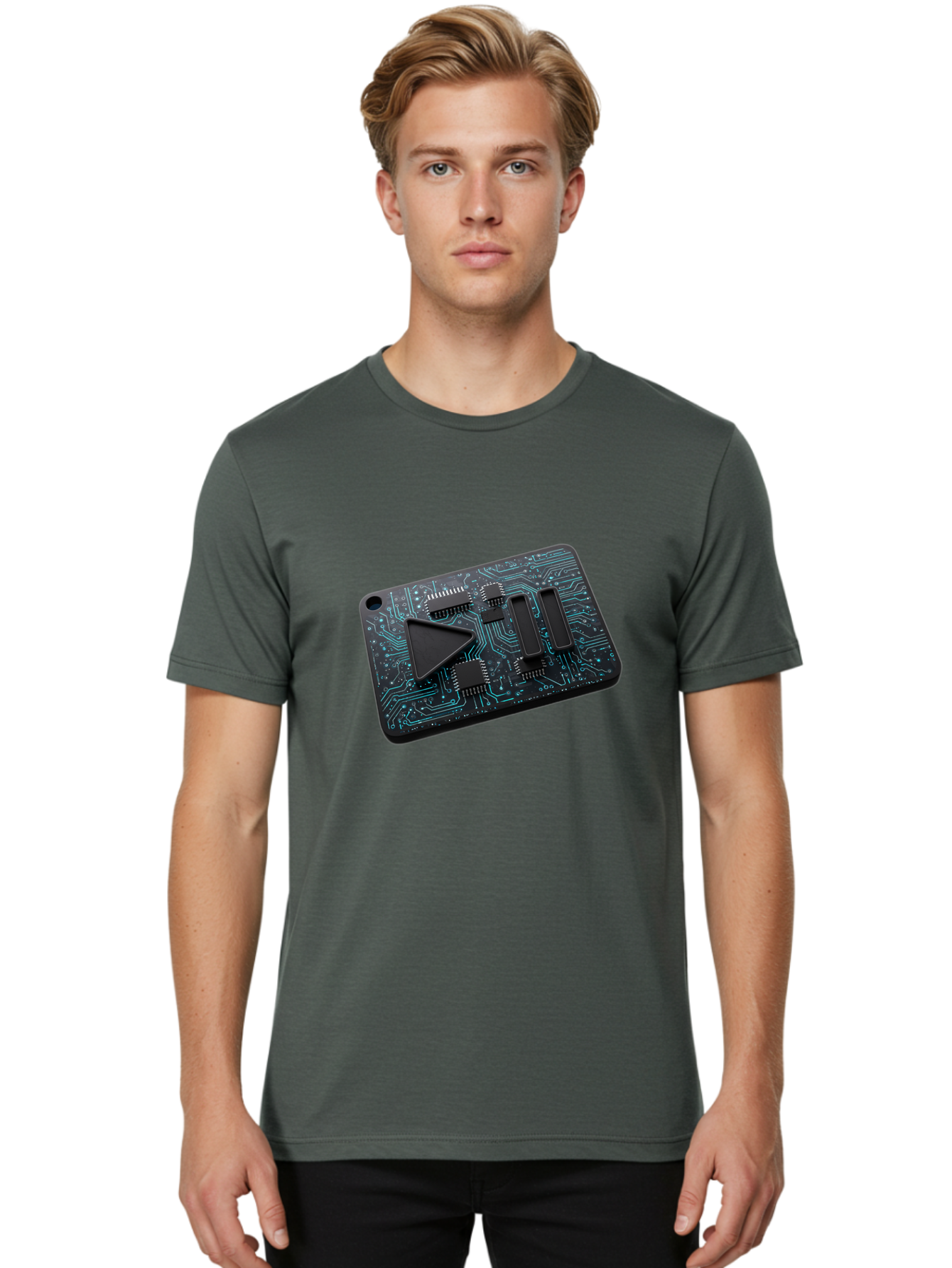 Play-Button-Circuit-Card Men'S Graphic Tee, 100% Cotton, Comfortable Casual Summer Wear, Machine Washable, Media Controls, Play Button, Circuit Board, Electronic Device, Futuristic Design, Modern Technology, Sleek Interface, User Experience, Bac325