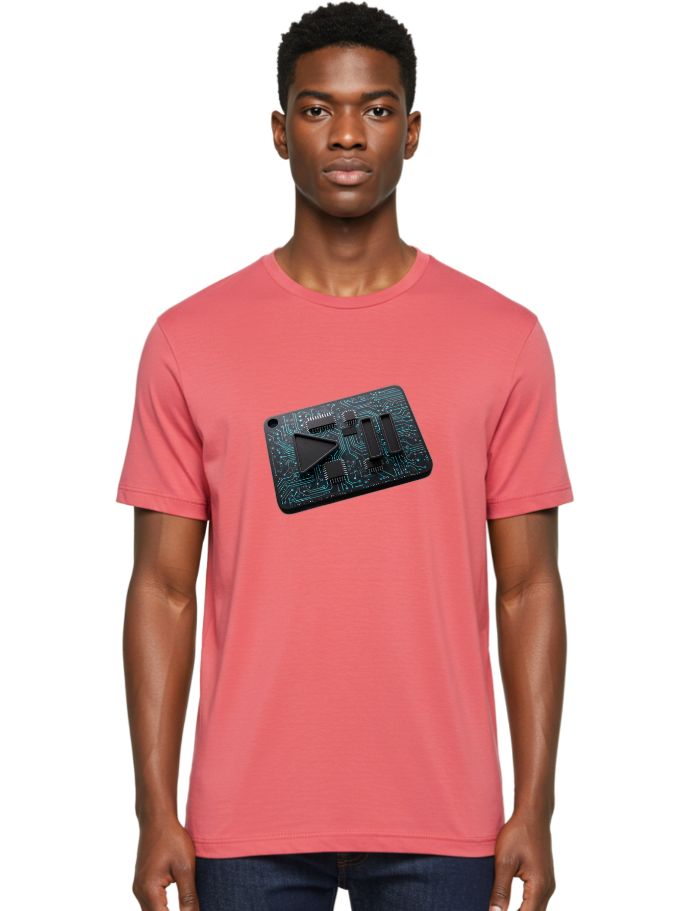 Play-Button-Circuit-Card Men'S Graphic Tee, 100% Cotton, Comfortable Casual Summer Wear, Machine Washable, Media Controls, Play Button, Circuit Board, Electronic Device, Futuristic Design, Modern Technology, Sleek Interface, User Experience, Bac325