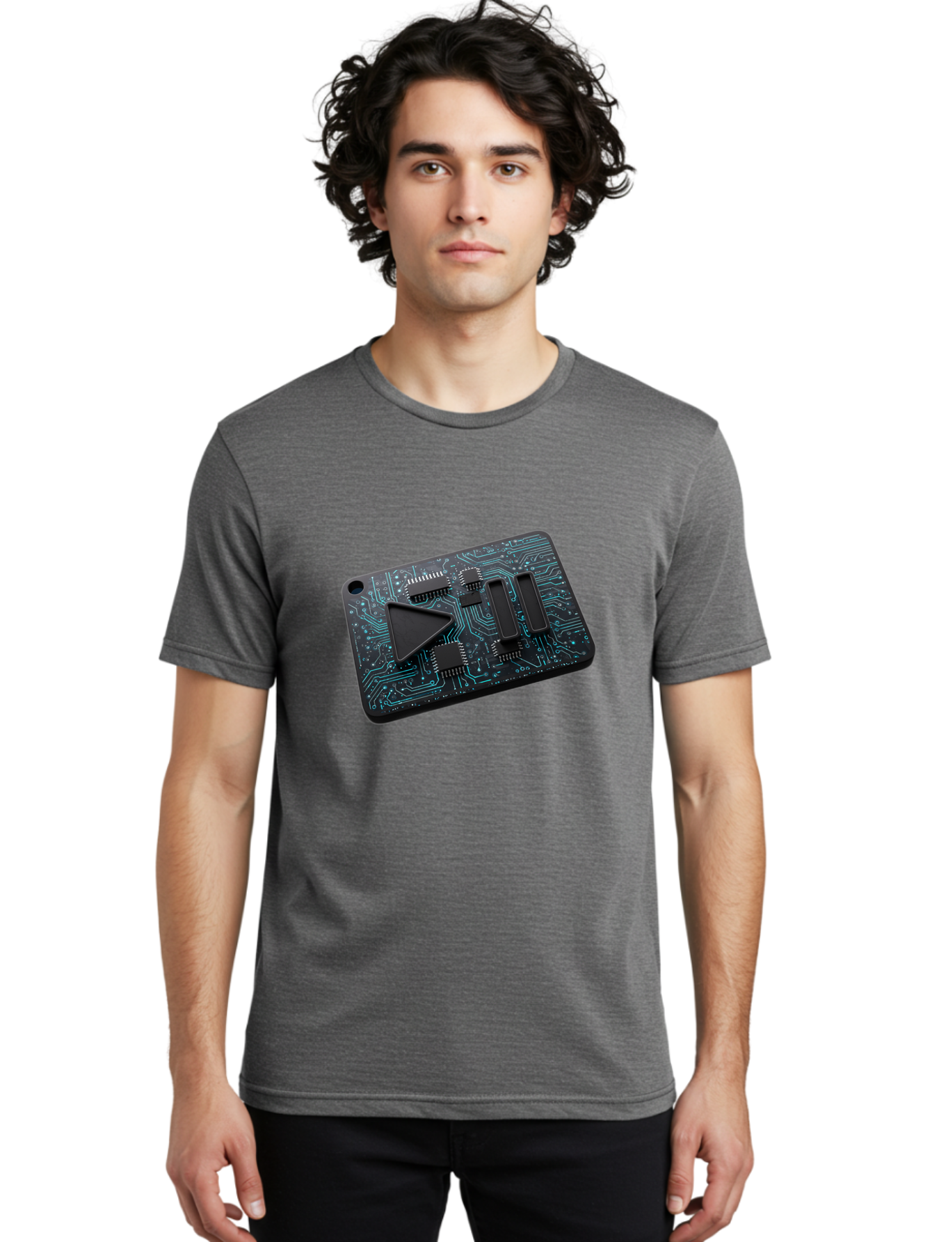 Play-Button-Circuit-Card Men'S Graphic Tee, 100% Cotton, Comfortable Casual Summer Wear, Machine Washable, Media Controls, Play Button, Circuit Board, Electronic Device, Futuristic Design, Modern Technology, Sleek Interface, User Experience, Bac325