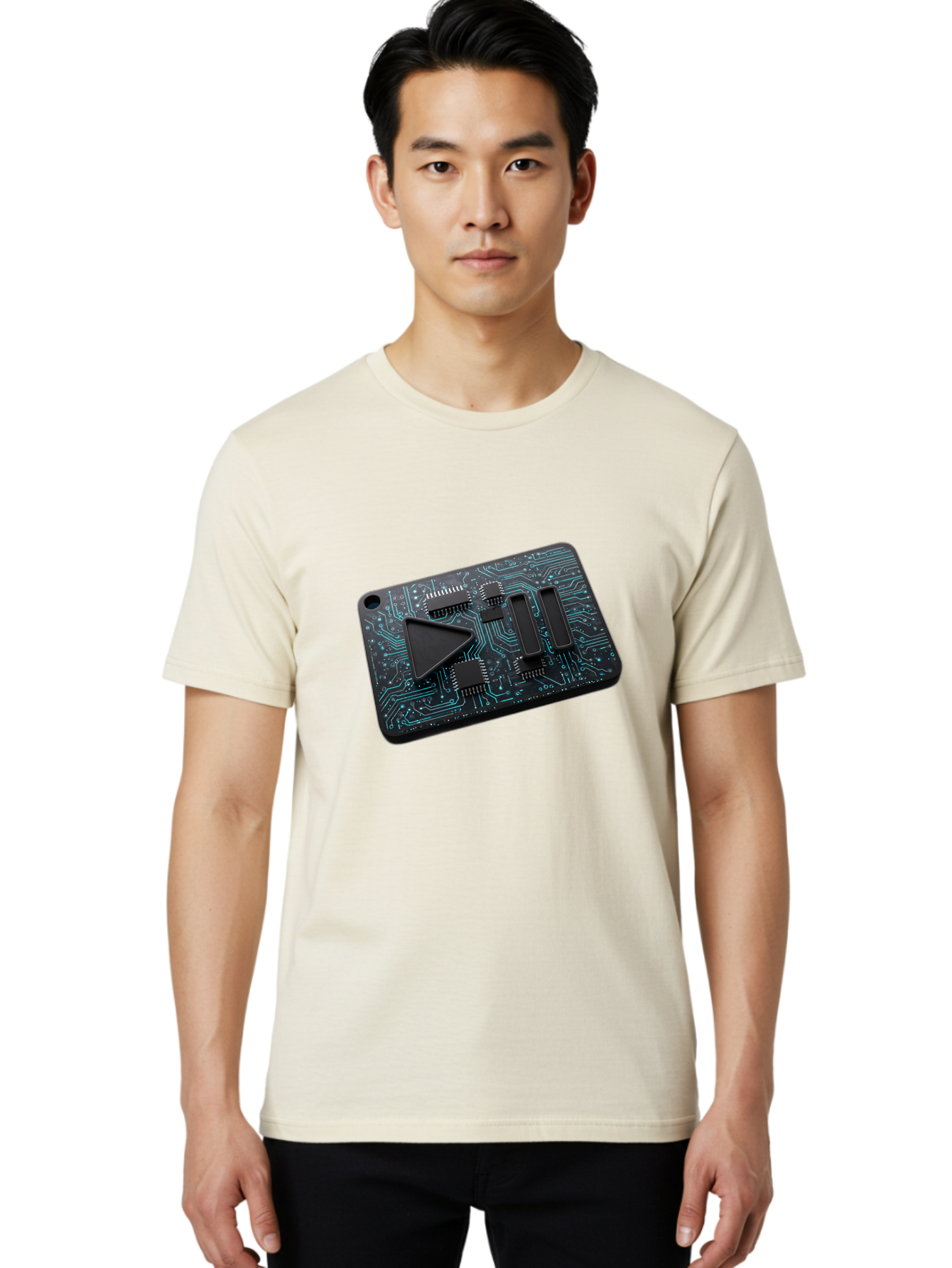 Play-Button-Circuit-Card Men'S Graphic Tee, 100% Cotton, Comfortable Casual Summer Wear, Machine Washable, Media Controls, Play Button, Circuit Board, Electronic Device, Futuristic Design, Modern Technology, Sleek Interface, User Experience, Bac325