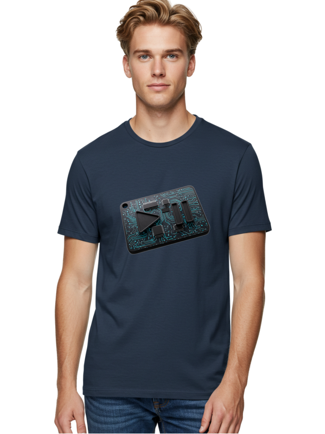 Play-Button-Circuit-Card Men'S Graphic Tee, 100% Cotton, Comfortable Casual Summer Wear, Machine Washable, Media Controls, Play Button, Circuit Board, Electronic Device, Futuristic Design, Modern Technology, Sleek Interface, User Experience, Bac325