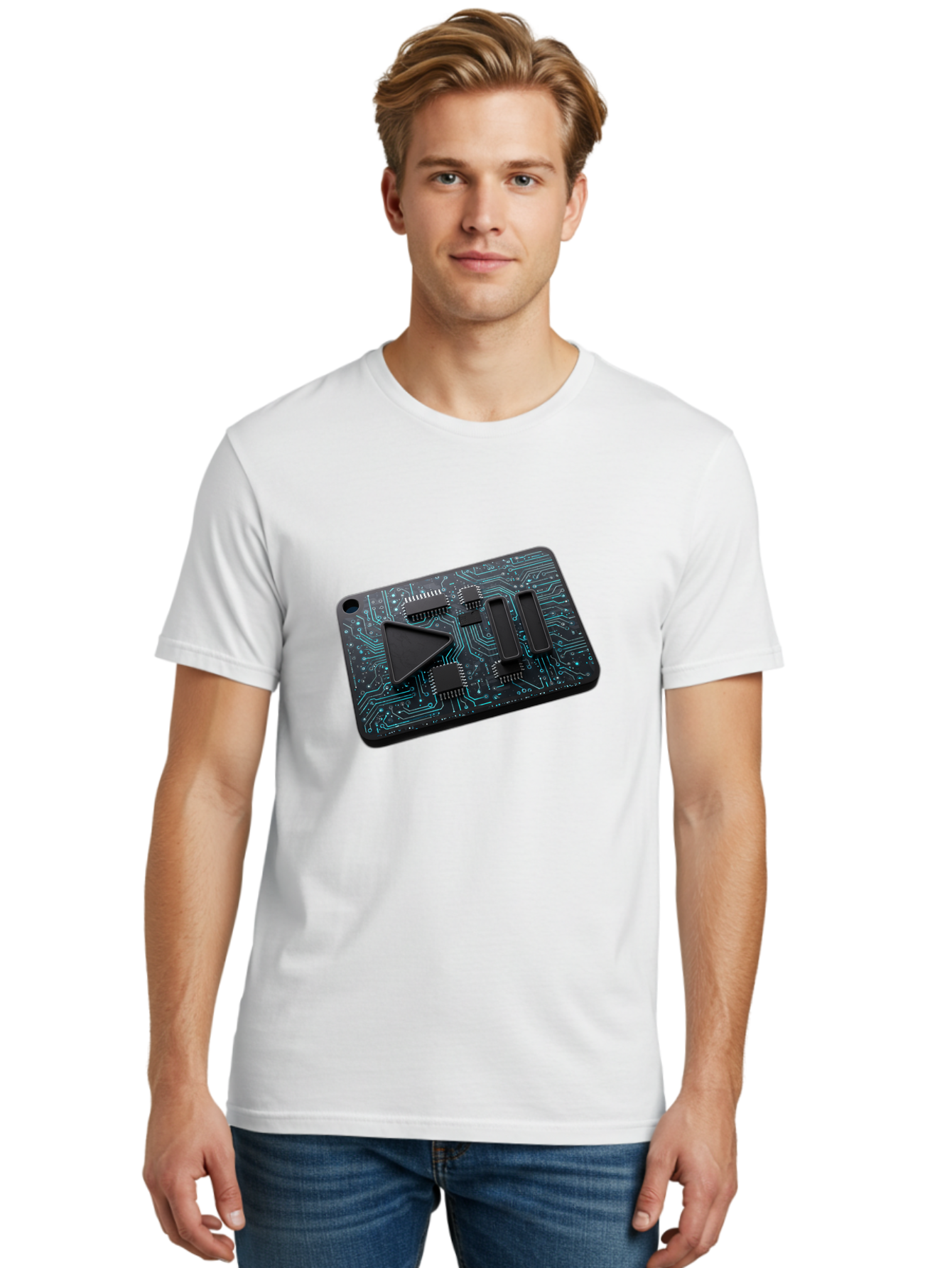 Play-Button-Circuit-Card Men'S Graphic Tee, 100% Cotton, Comfortable Casual Summer Wear, Machine Washable, Media Controls, Play Button, Circuit Board, Electronic Device, Futuristic Design, Modern Technology, Sleek Interface, User Experience, Bac325
