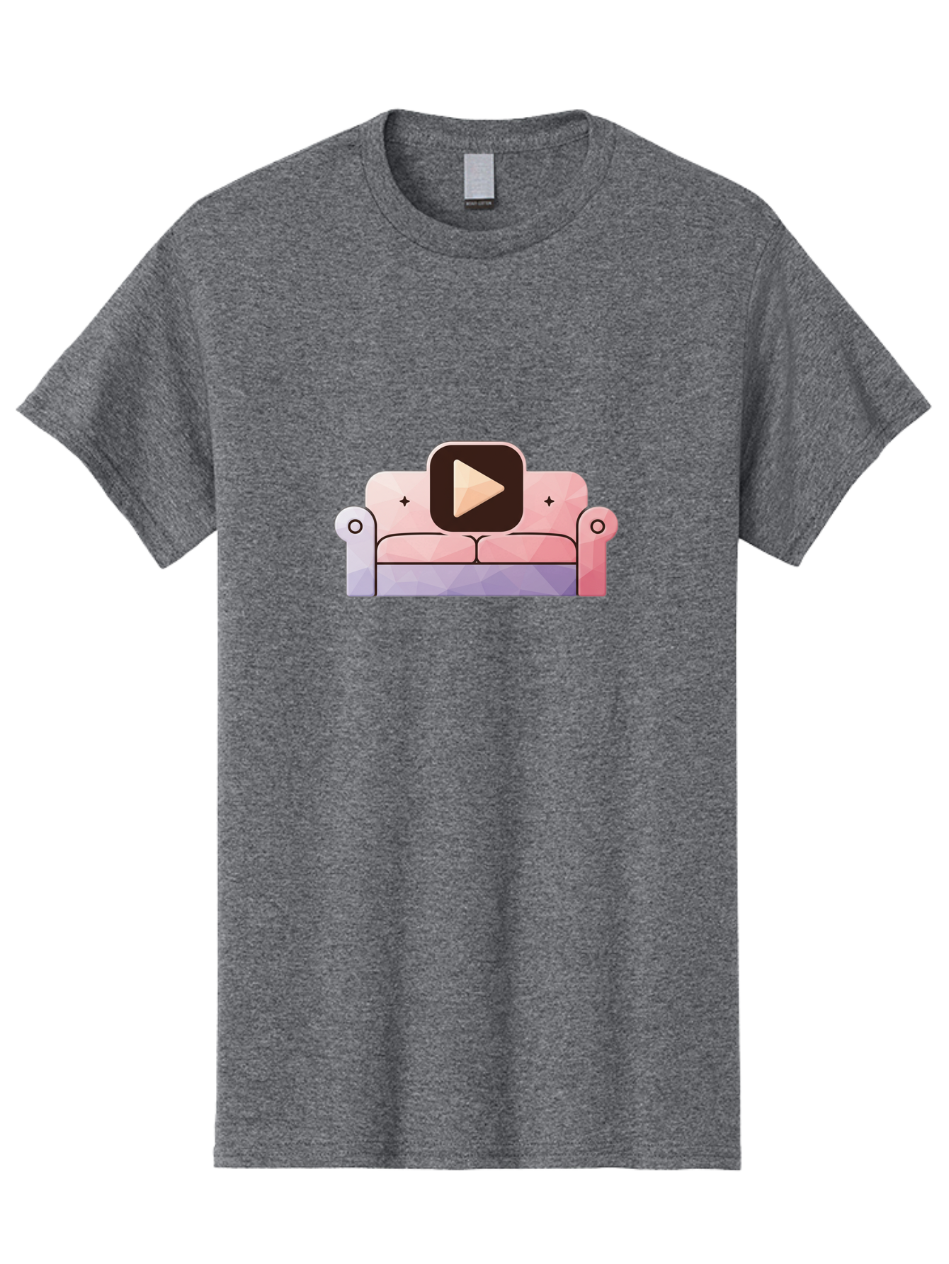 Play-Button-On-Couch Men'S Graphic Tee, 100% Cotton, Comfortable Casual Summer Wear, Machine Washable, Play Button Icon On A Sofa, Cartoon Style, Pink Couch, Purple Accents, Plus Signs, Play Symbol, Digital Illustration Bac327