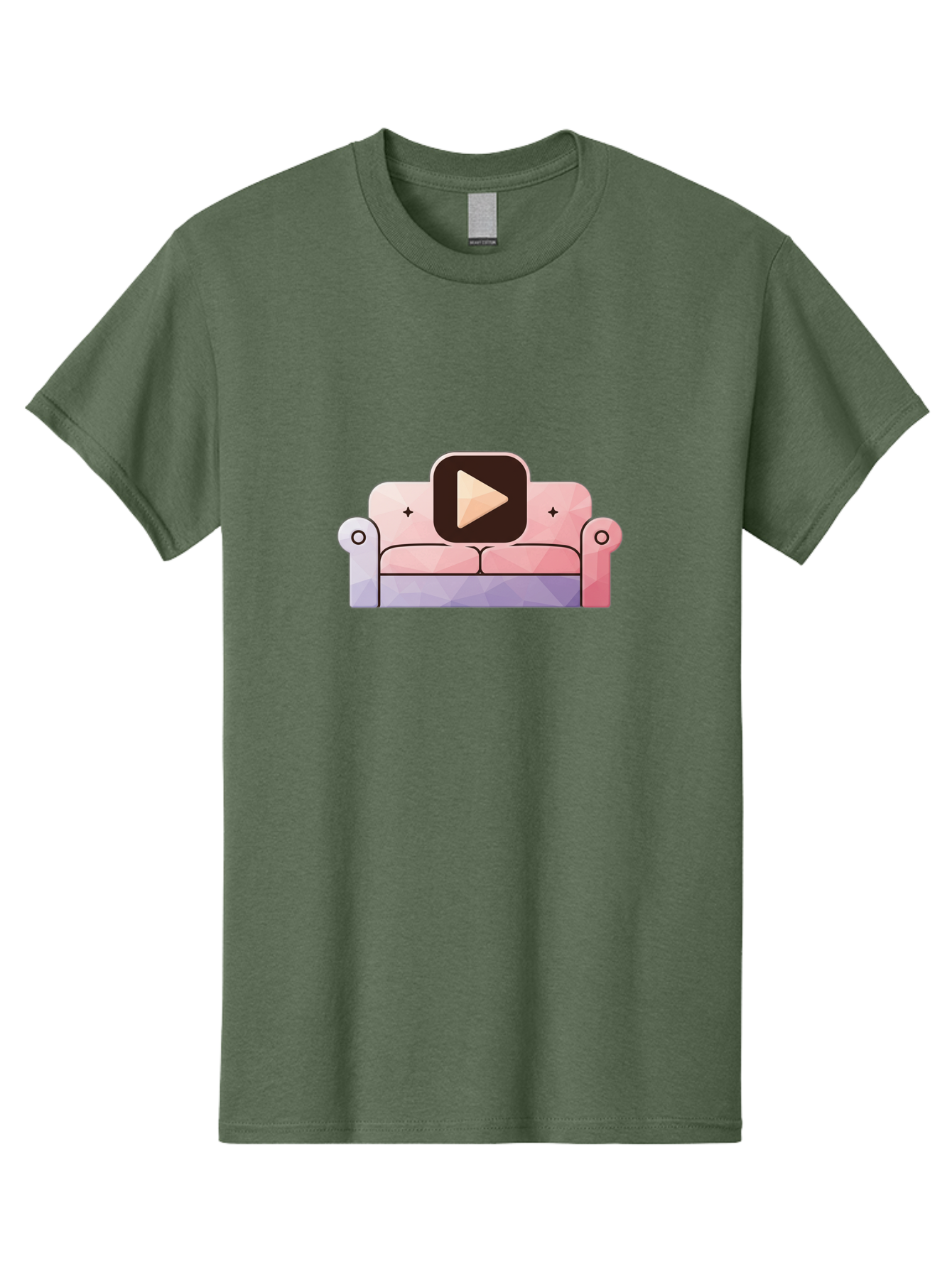 Play-Button-On-Couch Men'S Graphic Tee, 100% Cotton, Comfortable Casual Summer Wear, Machine Washable, Play Button Icon On A Sofa, Cartoon Style, Pink Couch, Purple Accents, Plus Signs, Play Symbol, Digital Illustration Bac327