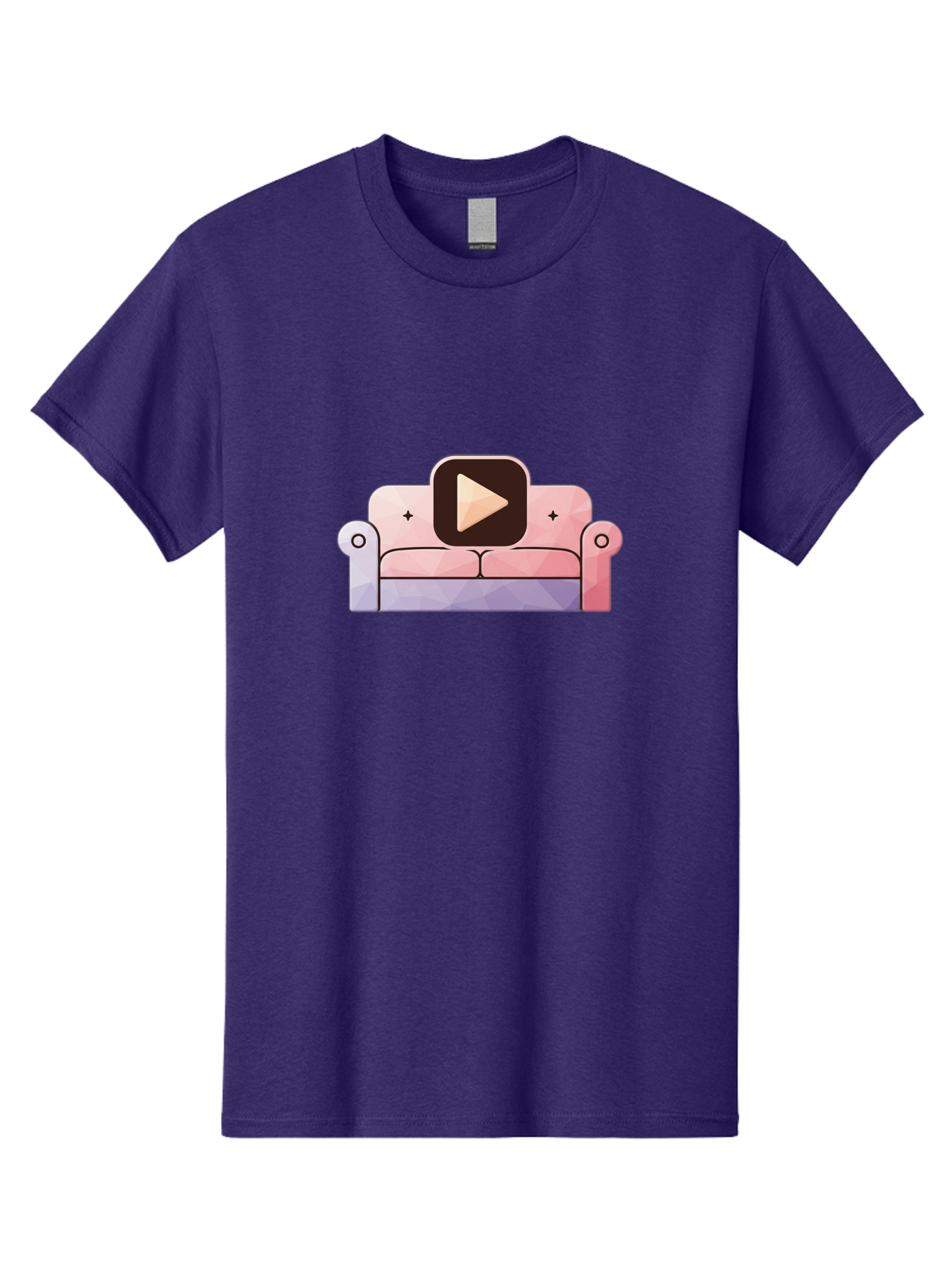 Play-Button-On-Couch Men'S Graphic Tee, 100% Cotton, Comfortable Casual Summer Wear, Machine Washable, Play Button Icon On A Sofa, Cartoon Style, Pink Couch, Purple Accents, Plus Signs, Play Symbol, Digital Illustration Bac327