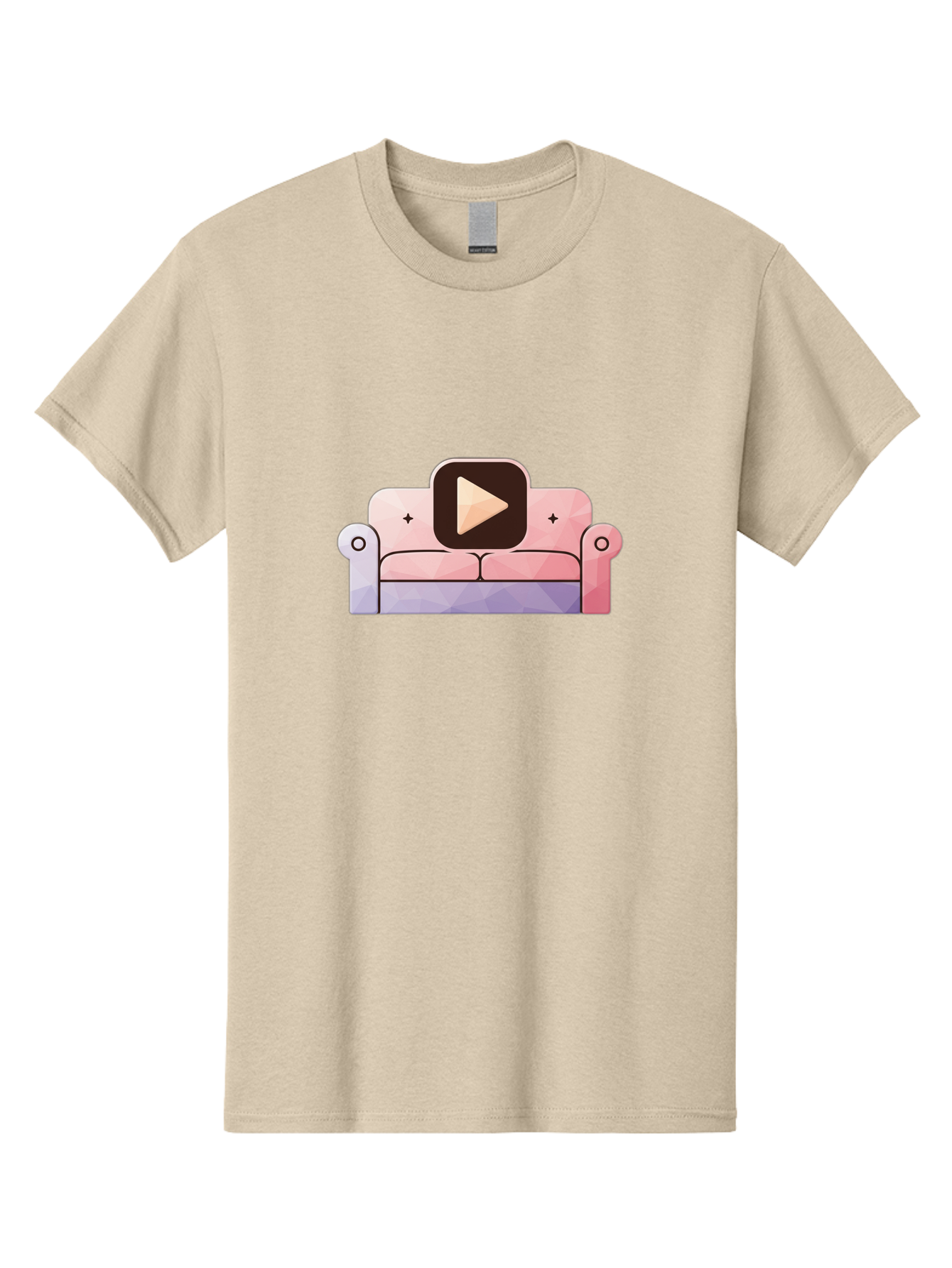 Play-Button-On-Couch Men'S Graphic Tee, 100% Cotton, Comfortable Casual Summer Wear, Machine Washable, Play Button Icon On A Sofa, Cartoon Style, Pink Couch, Purple Accents, Plus Signs, Play Symbol, Digital Illustration Bac327