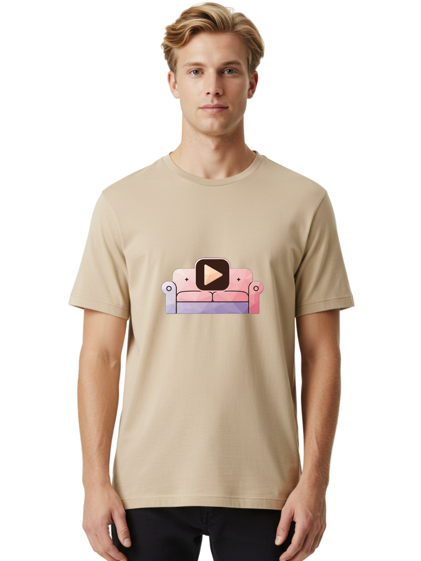 Play-Button-On-Couch Men'S Graphic Tee, 100% Cotton, Comfortable Casual Summer Wear, Machine Washable, Play Button Icon On A Sofa, Cartoon Style, Pink Couch, Purple Accents, Plus Signs, Play Symbol, Digital Illustration Bac327