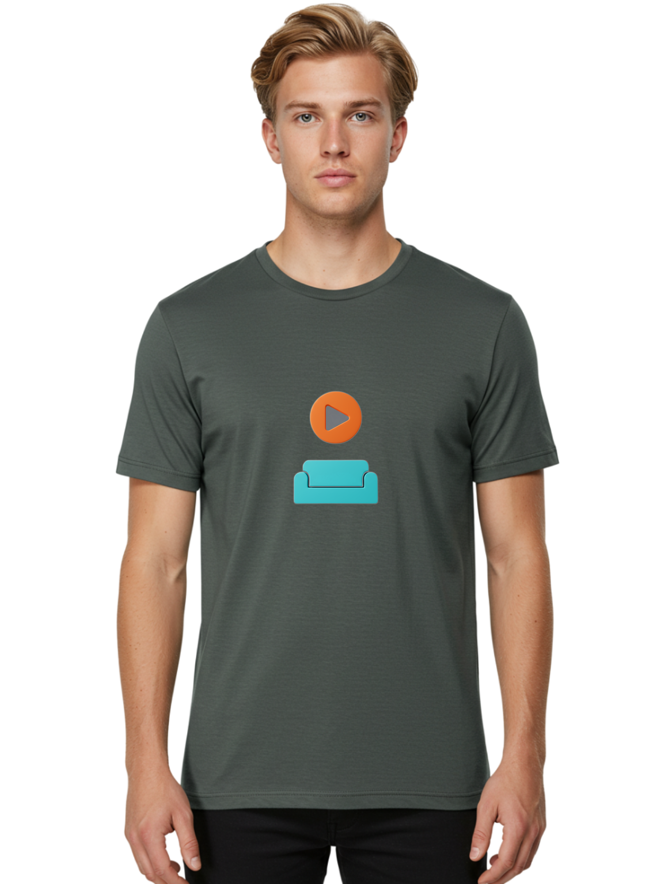 Play-Button-Sofa Men'S Graphic Tee, 100% Cotton, Comfortable Casual Summer Wear, Machine Washable, Play Button, Sofa, Blue Couch, Entertainment, Relaxation, Orange Circle, Gray Play Icon, Digital Illustration, Modern Design Bac329
