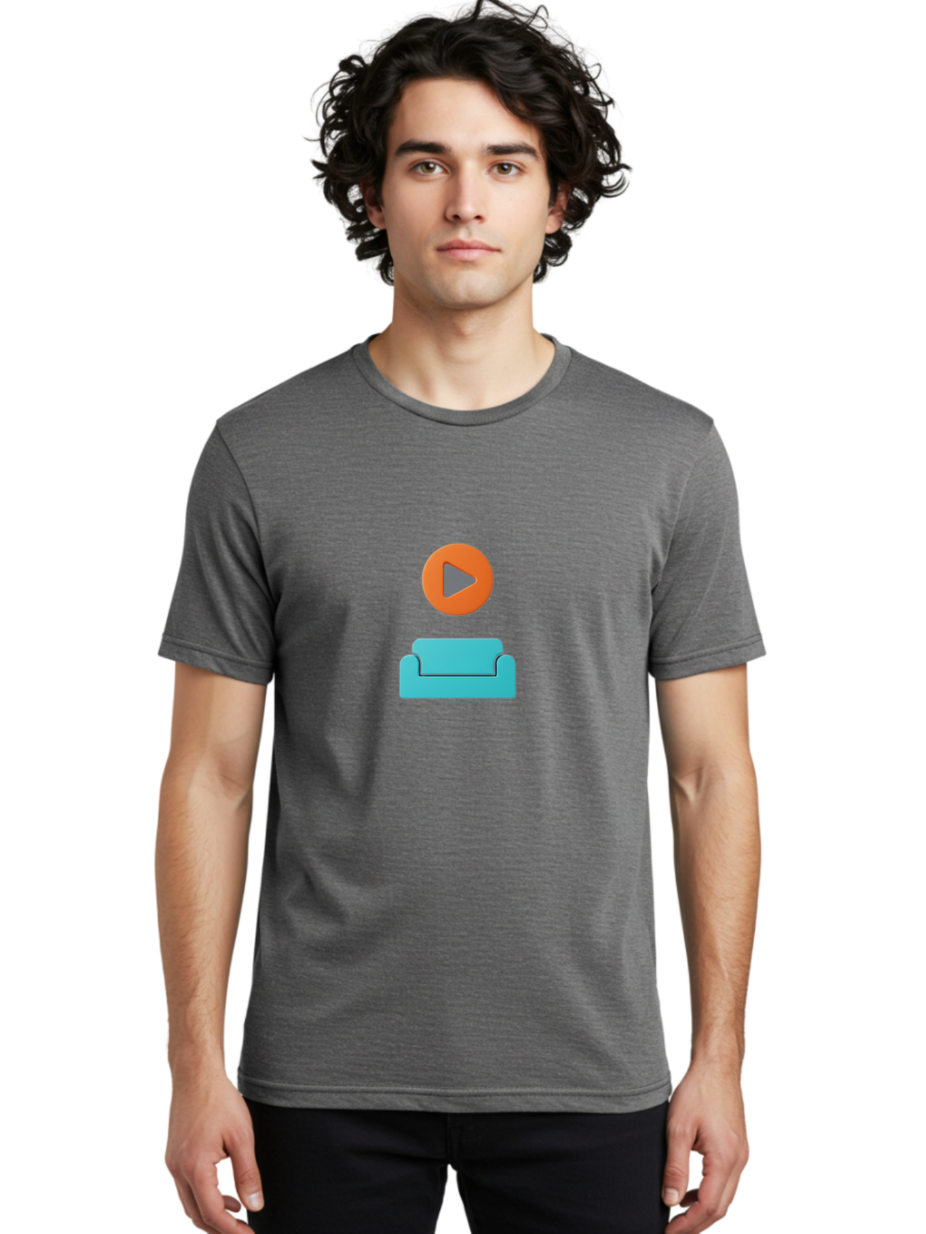 Play-Button-Sofa Men'S Graphic Tee, 100% Cotton, Comfortable Casual Summer Wear, Machine Washable, Play Button, Sofa, Blue Couch, Entertainment, Relaxation, Orange Circle, Gray Play Icon, Digital Illustration, Modern Design Bac329