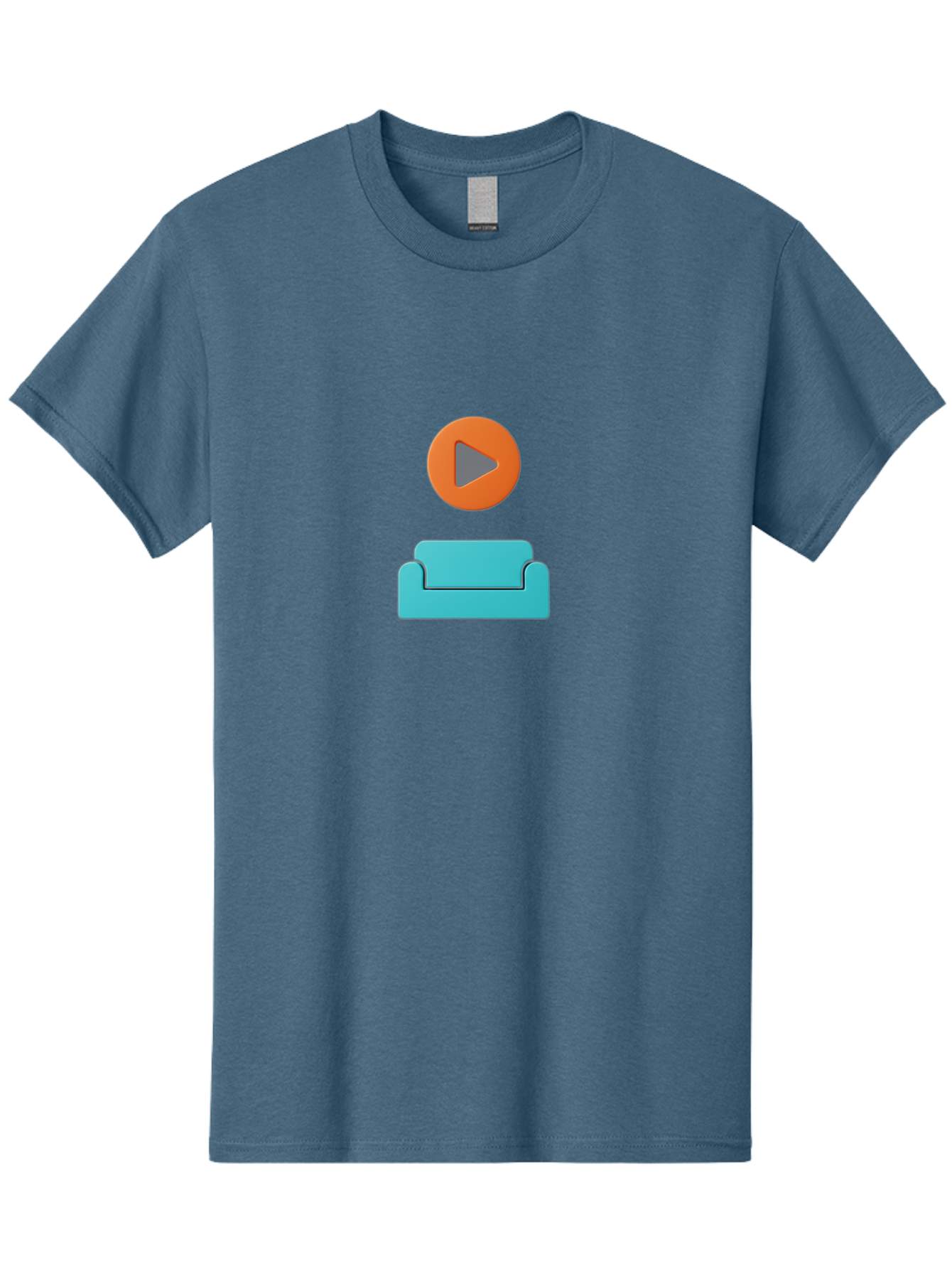Play-Button-Sofa Men'S Graphic Tee, 100% Cotton, Comfortable Casual Summer Wear, Machine Washable, Play Button, Sofa, Blue Couch, Entertainment, Relaxation, Orange Circle, Gray Play Icon, Digital Illustration, Modern Design Bac329