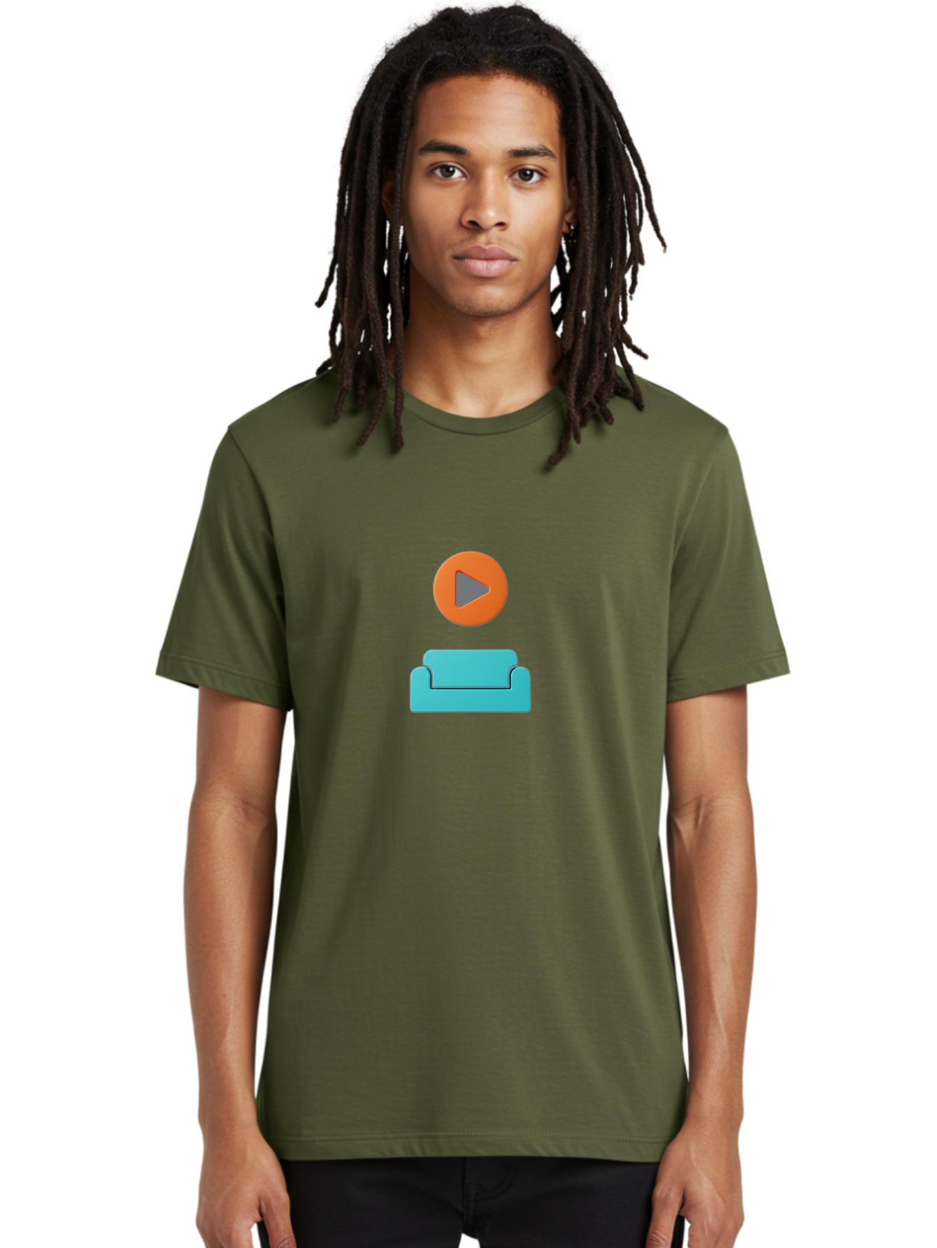 Play-Button-Sofa Men'S Graphic Tee, 100% Cotton, Comfortable Casual Summer Wear, Machine Washable, Play Button, Sofa, Blue Couch, Entertainment, Relaxation, Orange Circle, Gray Play Icon, Digital Illustration, Modern Design Bac329