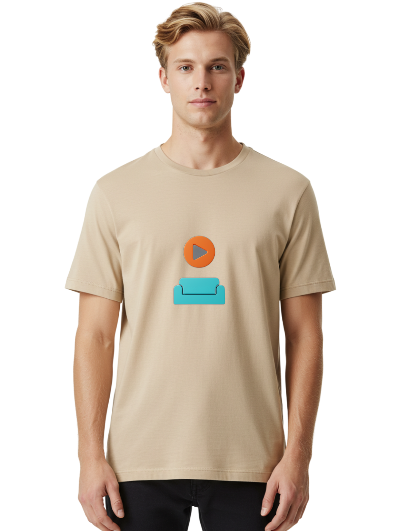 Play-Button-Sofa Men'S Graphic Tee, 100% Cotton, Comfortable Casual Summer Wear, Machine Washable, Play Button, Sofa, Blue Couch, Entertainment, Relaxation, Orange Circle, Gray Play Icon, Digital Illustration, Modern Design Bac329