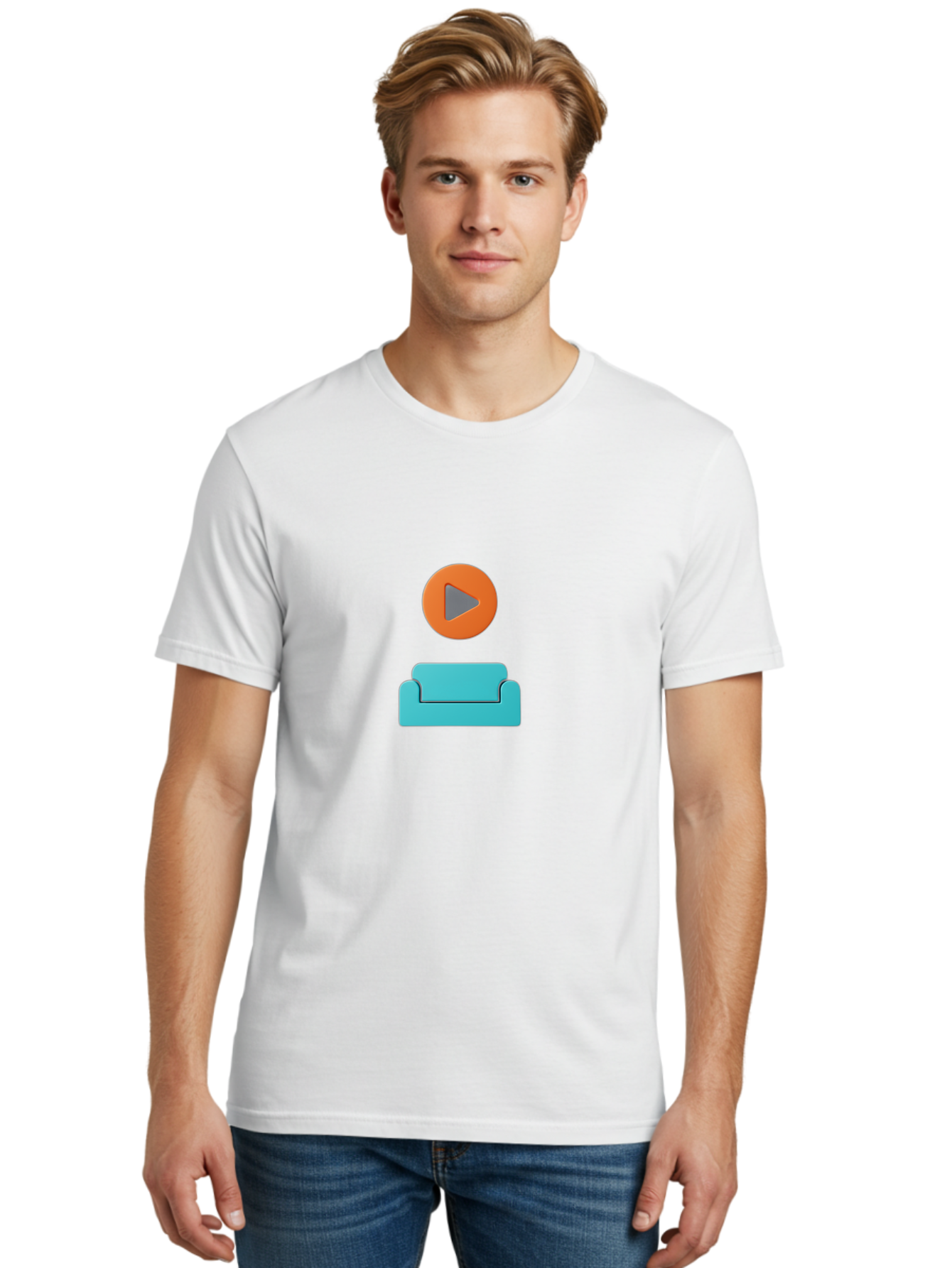 Play-Button-Sofa Men'S Graphic Tee, 100% Cotton, Comfortable Casual Summer Wear, Machine Washable, Play Button, Sofa, Blue Couch, Entertainment, Relaxation, Orange Circle, Gray Play Icon, Digital Illustration, Modern Design Bac329