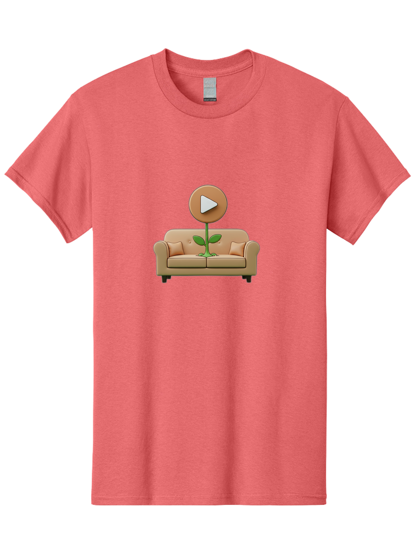 Play-Button-Sprout Men'S Graphic Tee, 100% Cotton, Comfortable Casual Summer Wear, Machine Washable, Play Button, Video Play Icon, Growing Plant, Tan Couch, Cartoon Illustration, Creative Concept, Digital Media, Online Video Bac330