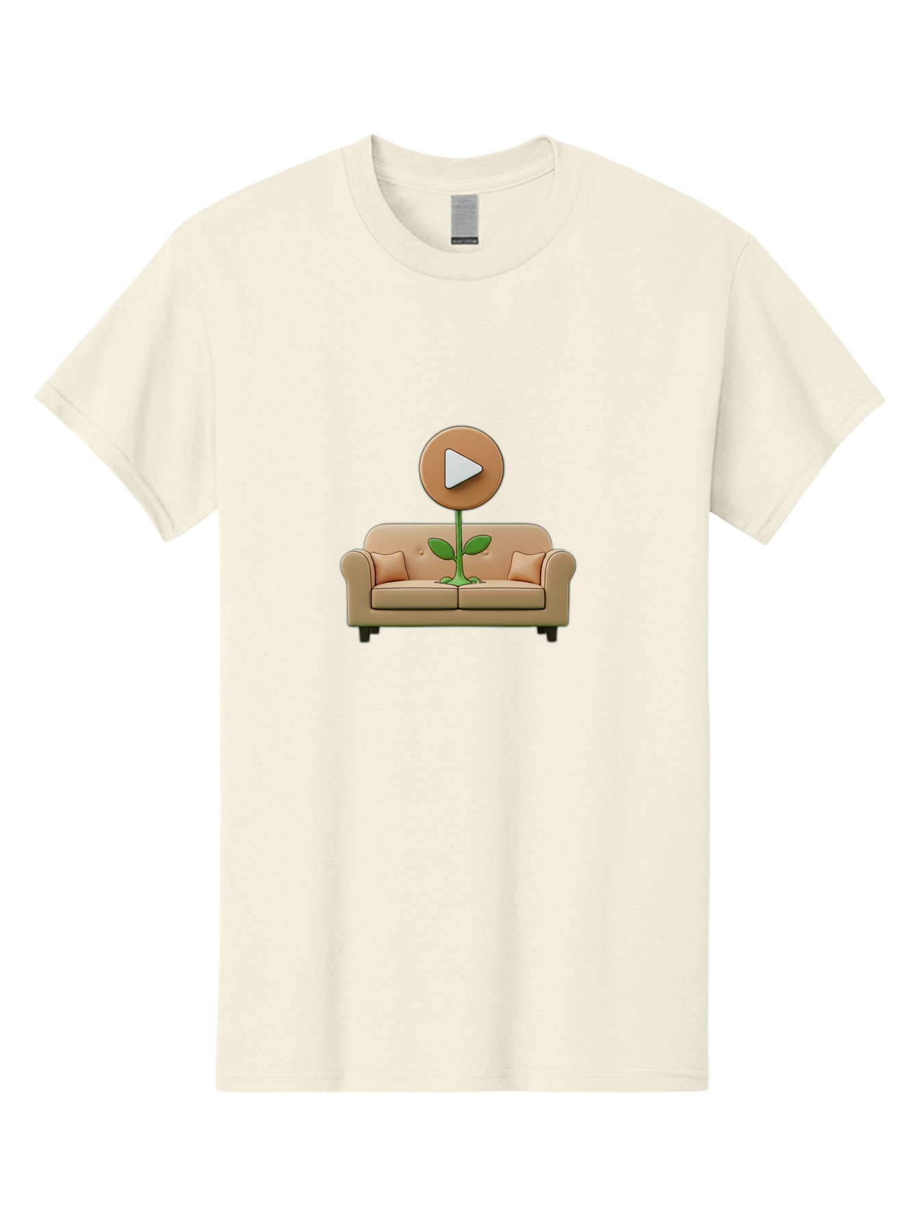 Play-Button-Sprout Men'S Graphic Tee, 100% Cotton, Comfortable Casual Summer Wear, Machine Washable, Play Button, Video Play Icon, Growing Plant, Tan Couch, Cartoon Illustration, Creative Concept, Digital Media, Online Video Bac330