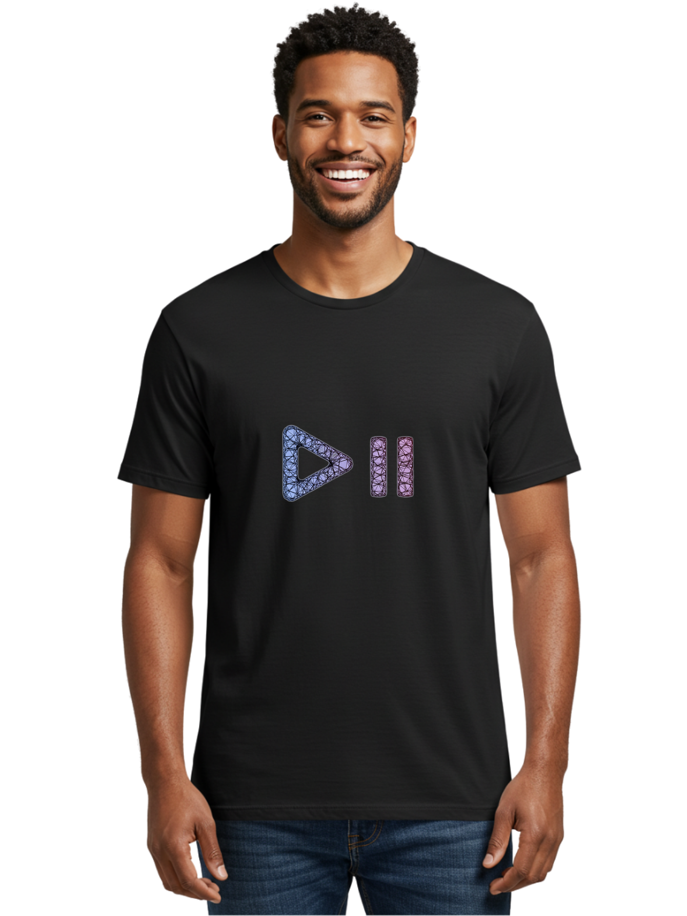 Play-Pause-Symbols Men'S Graphic Tee, 100% Cotton, Comfortable Casual Summer Wear, Machine Washable, Play And Pause Button, Media Controls, Music Control, Multimedia Icons, Abstract Geometric Pattern, Purple And Black Design, Digital Art, Bac334