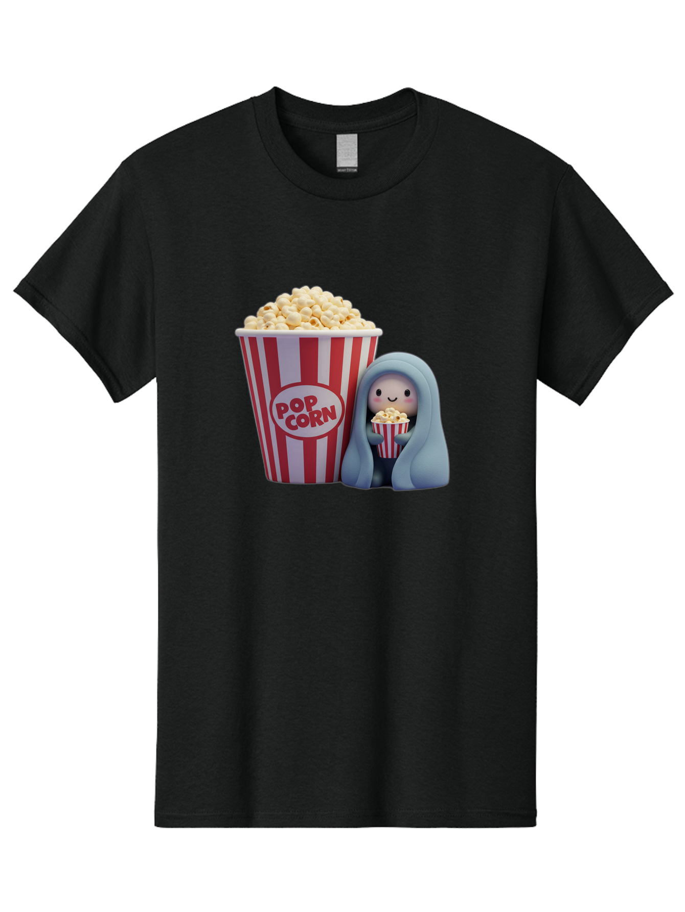 Pop-Corn Men'S Graphic Tee, 100% Cotton, Comfortable Casual Summer Wear, Machine Washable, Cartoon Character, Red And White Striped Container, Small Bucket Of Popcorn, Cute Figurine, Blue Hooded Figure, Smiling Face, Fun Snack, Playful Vibe, Bac336