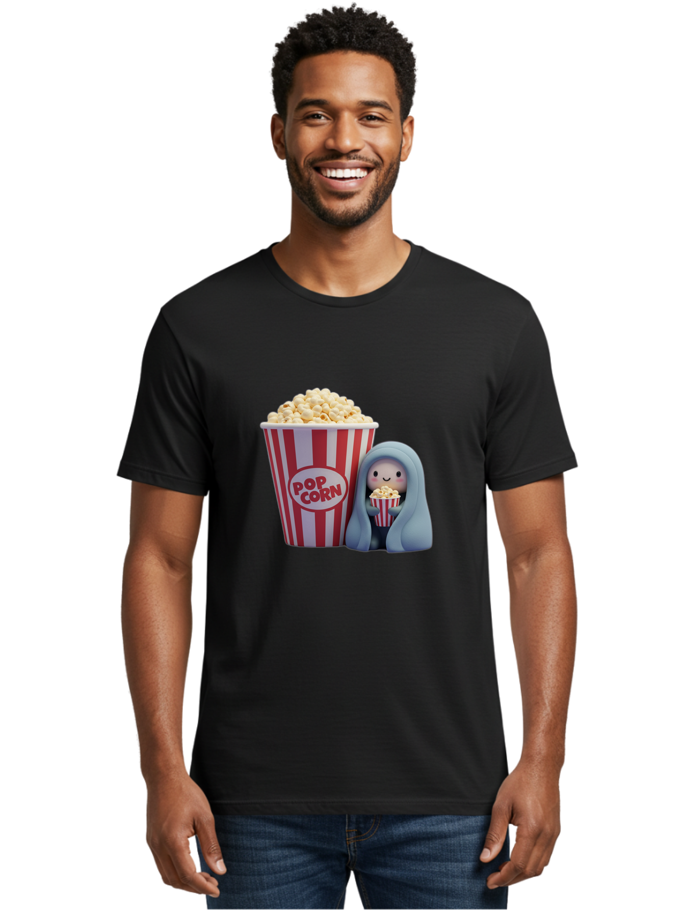 Pop-Corn Men'S Graphic Tee, 100% Cotton, Comfortable Casual Summer Wear, Machine Washable, Cartoon Character, Red And White Striped Container, Small Bucket Of Popcorn, Cute Figurine, Blue Hooded Figure, Smiling Face, Fun Snack, Playful Vibe, Bac336