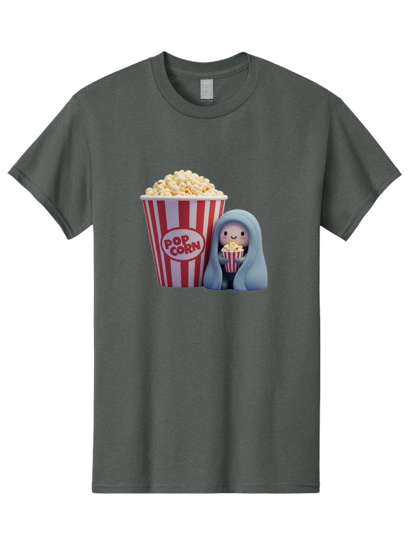 Pop-Corn Men'S Graphic Tee, 100% Cotton, Comfortable Casual Summer Wear, Machine Washable, Cartoon Character, Red And White Striped Container, Small Bucket Of Popcorn, Cute Figurine, Blue Hooded Figure, Smiling Face, Fun Snack, Playful Vibe, Bac336