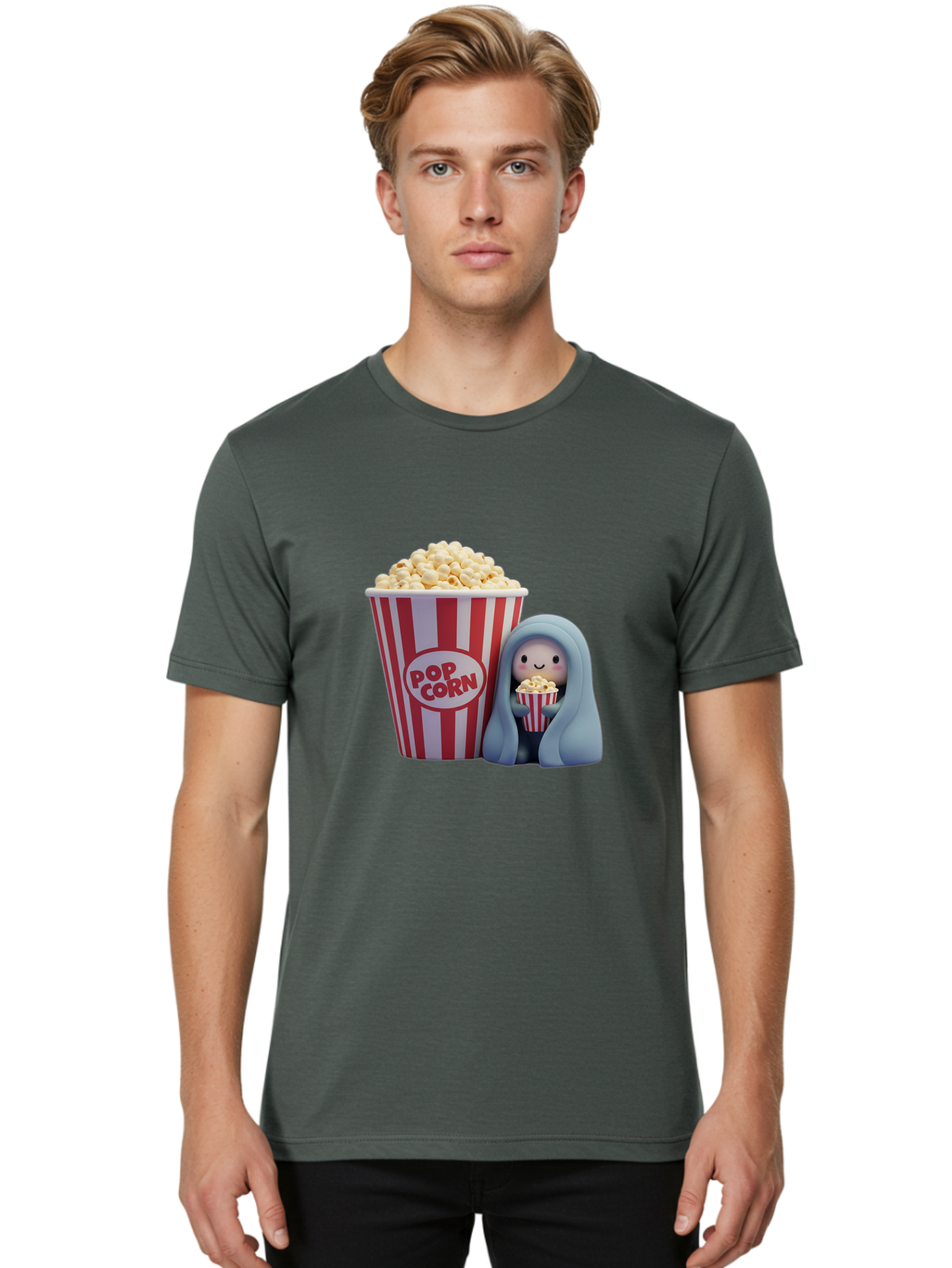 Pop-Corn Men'S Graphic Tee, 100% Cotton, Comfortable Casual Summer Wear, Machine Washable, Cartoon Character, Red And White Striped Container, Small Bucket Of Popcorn, Cute Figurine, Blue Hooded Figure, Smiling Face, Fun Snack, Playful Vibe, Bac336