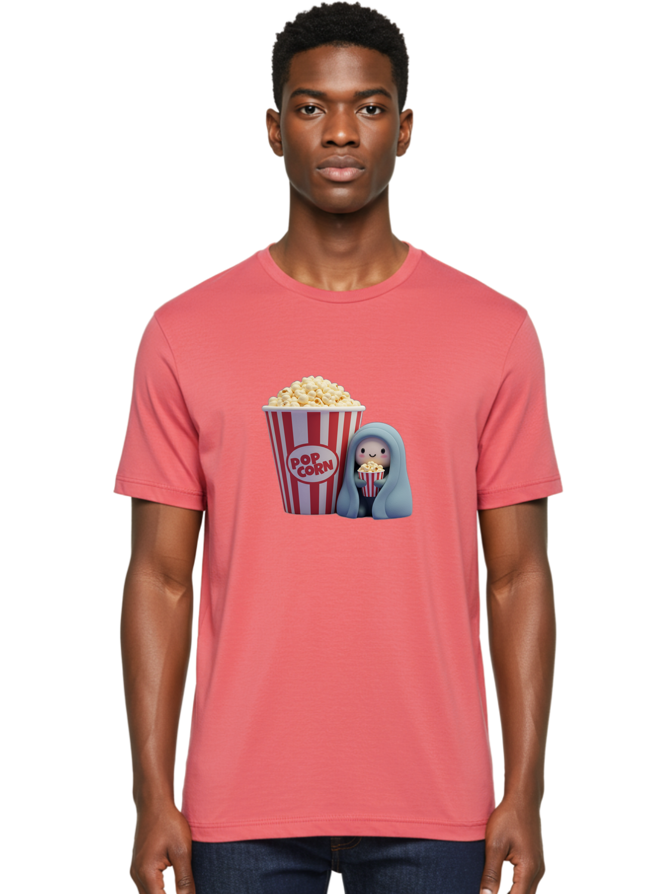 Pop-Corn Men'S Graphic Tee, 100% Cotton, Comfortable Casual Summer Wear, Machine Washable, Cartoon Character, Red And White Striped Container, Small Bucket Of Popcorn, Cute Figurine, Blue Hooded Figure, Smiling Face, Fun Snack, Playful Vibe, Bac336
