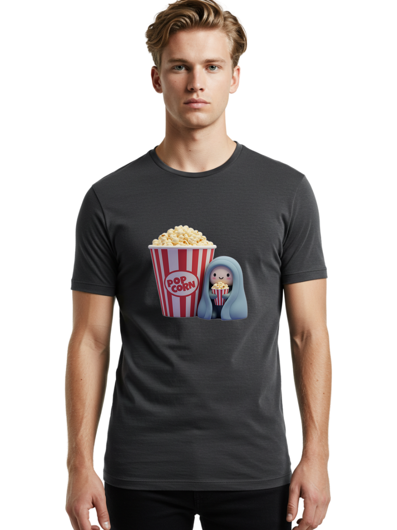 Pop-Corn Men'S Graphic Tee, 100% Cotton, Comfortable Casual Summer Wear, Machine Washable, Cartoon Character, Red And White Striped Container, Small Bucket Of Popcorn, Cute Figurine, Blue Hooded Figure, Smiling Face, Fun Snack, Playful Vibe, Bac336