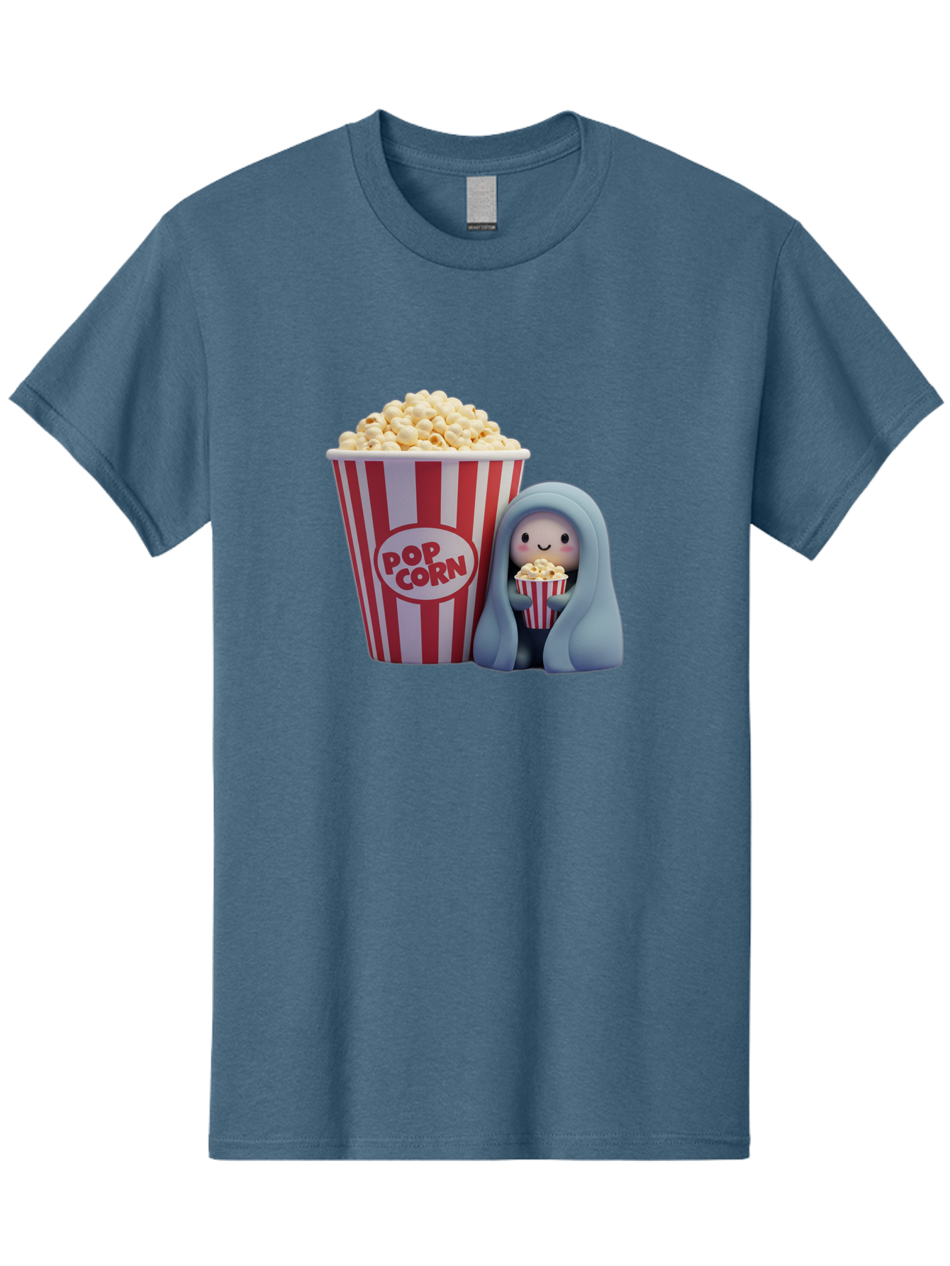 Pop-Corn Men'S Graphic Tee, 100% Cotton, Comfortable Casual Summer Wear, Machine Washable, Cartoon Character, Red And White Striped Container, Small Bucket Of Popcorn, Cute Figurine, Blue Hooded Figure, Smiling Face, Fun Snack, Playful Vibe, Bac336