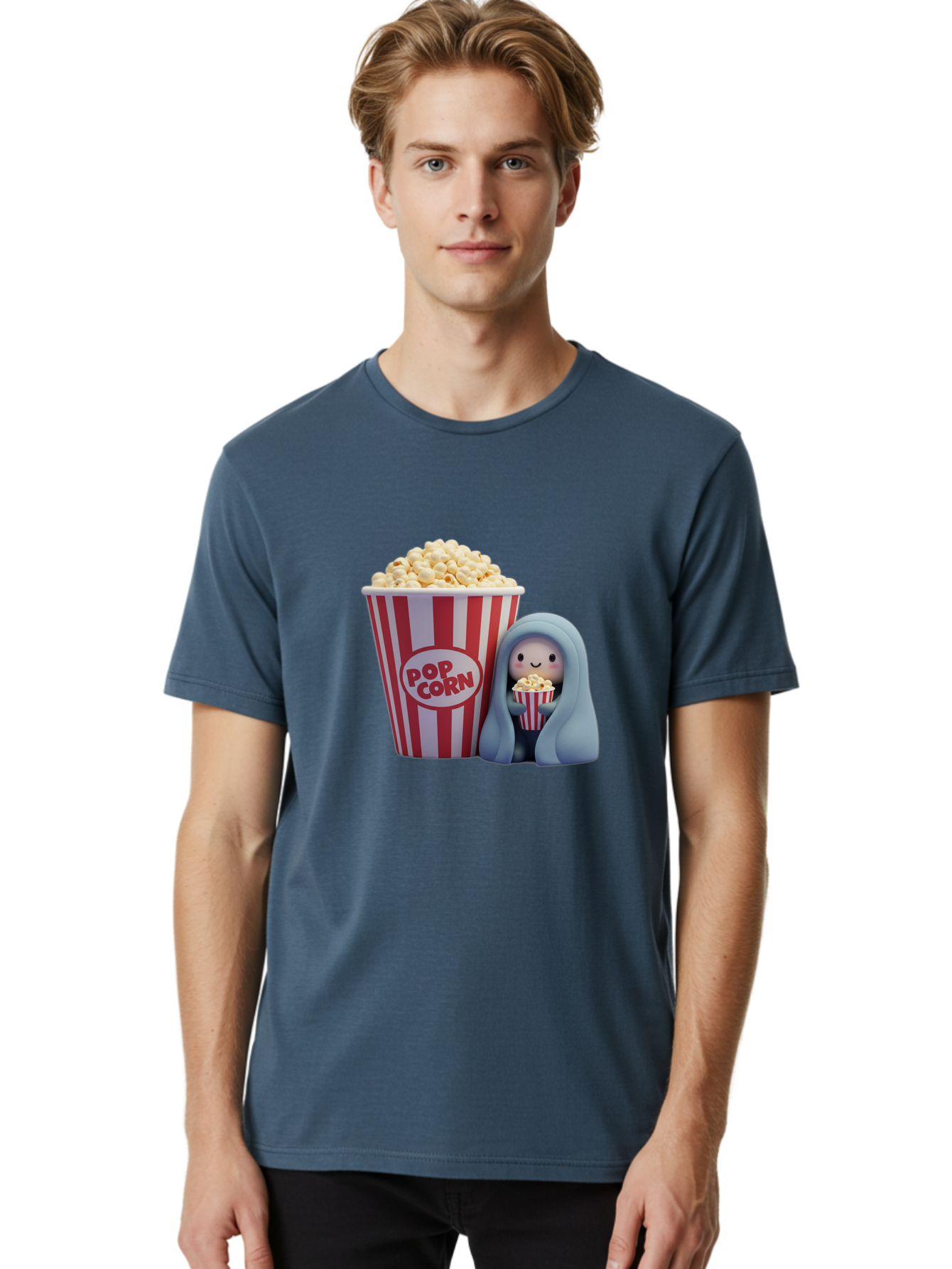 Pop-Corn Men'S Graphic Tee, 100% Cotton, Comfortable Casual Summer Wear, Machine Washable, Cartoon Character, Red And White Striped Container, Small Bucket Of Popcorn, Cute Figurine, Blue Hooded Figure, Smiling Face, Fun Snack, Playful Vibe, Bac336