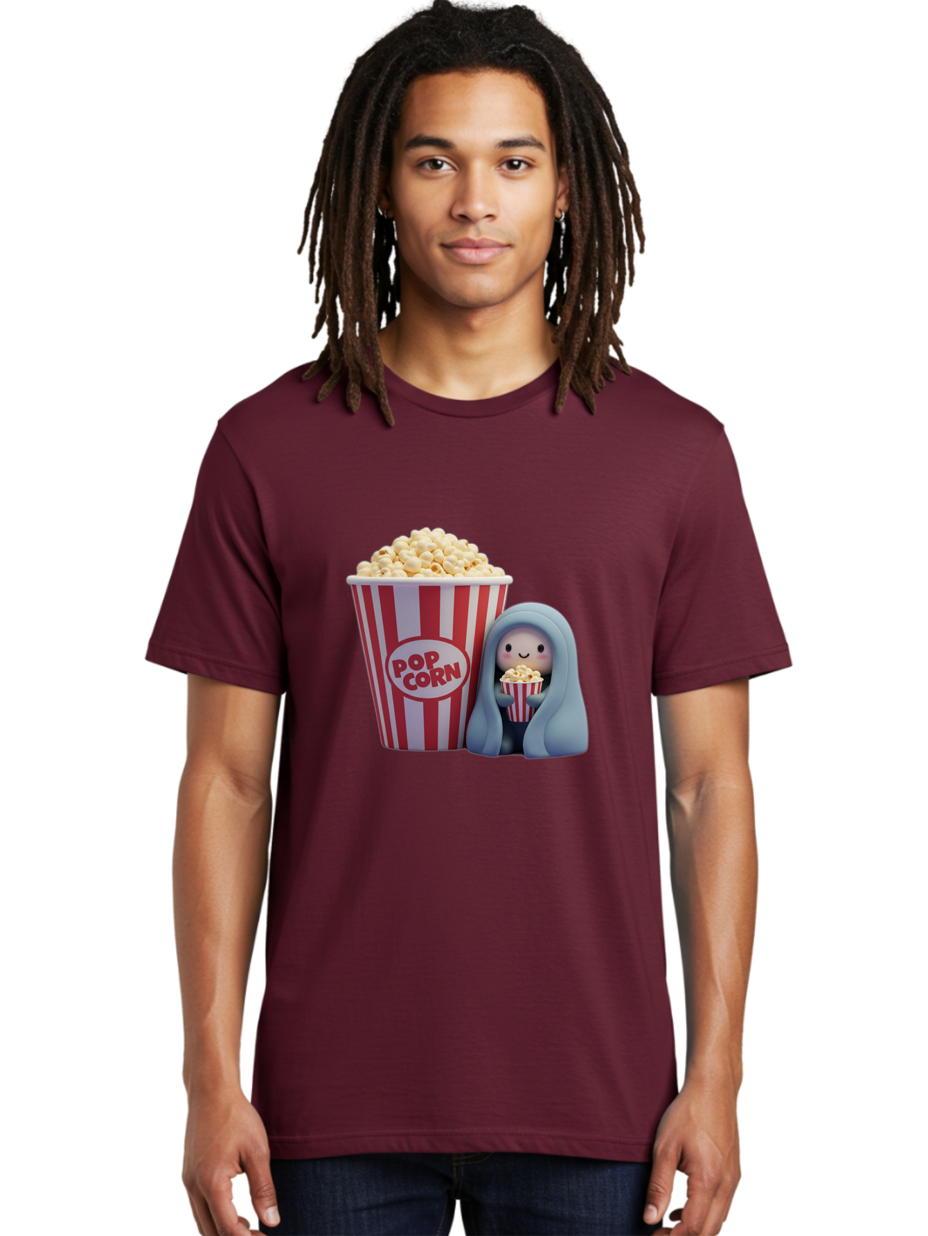 Pop-Corn Men'S Graphic Tee, 100% Cotton, Comfortable Casual Summer Wear, Machine Washable, Cartoon Character, Red And White Striped Container, Small Bucket Of Popcorn, Cute Figurine, Blue Hooded Figure, Smiling Face, Fun Snack, Playful Vibe, Bac336