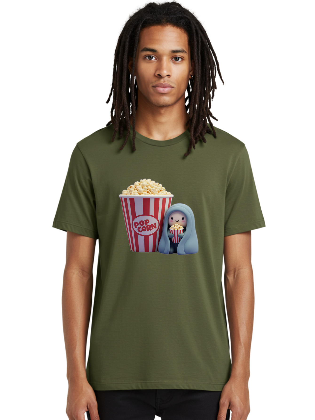 Pop-Corn Men'S Graphic Tee, 100% Cotton, Comfortable Casual Summer Wear, Machine Washable, Cartoon Character, Red And White Striped Container, Small Bucket Of Popcorn, Cute Figurine, Blue Hooded Figure, Smiling Face, Fun Snack, Playful Vibe, Bac336
