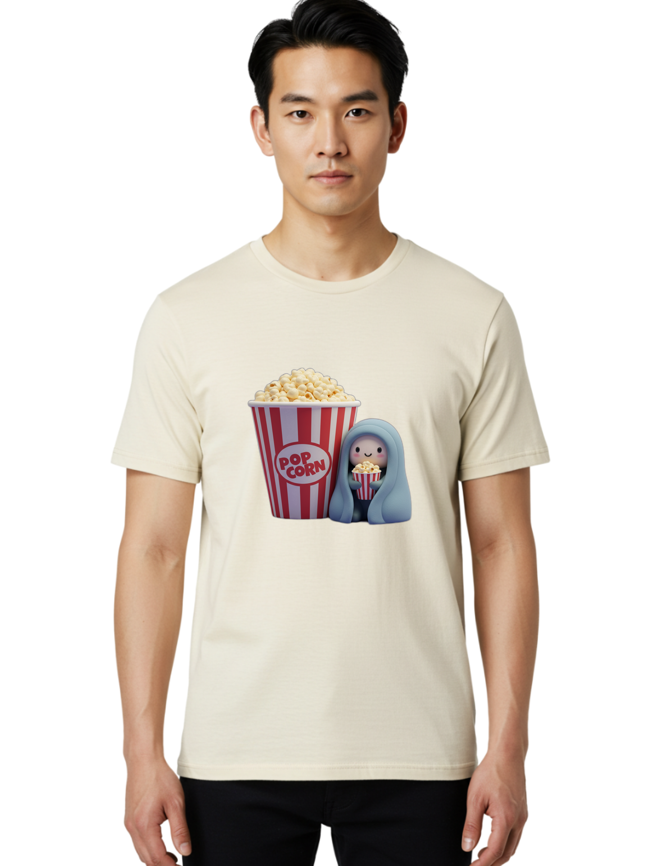 Pop-Corn Men'S Graphic Tee, 100% Cotton, Comfortable Casual Summer Wear, Machine Washable, Cartoon Character, Red And White Striped Container, Small Bucket Of Popcorn, Cute Figurine, Blue Hooded Figure, Smiling Face, Fun Snack, Playful Vibe, Bac336