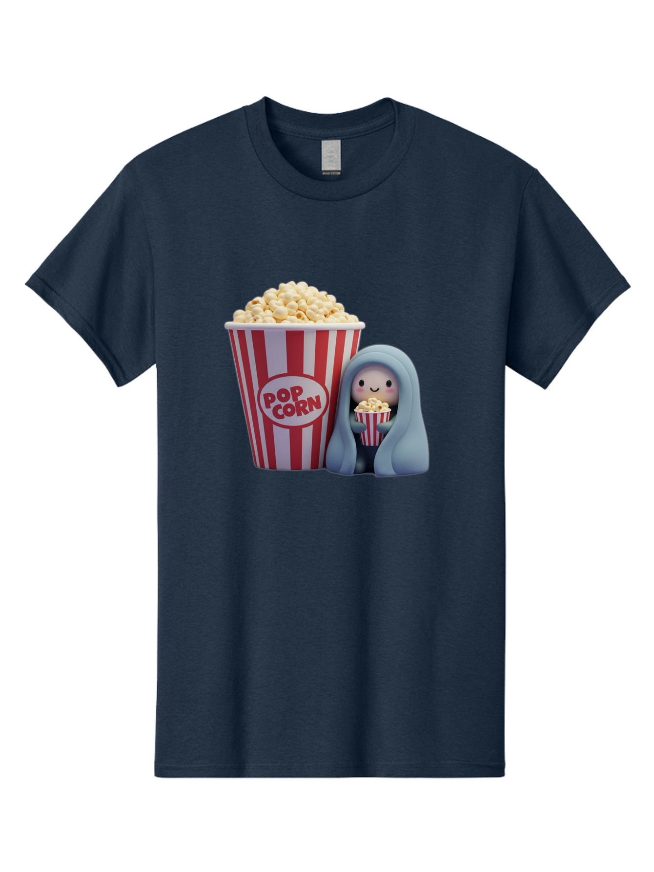 Pop-Corn Men'S Graphic Tee, 100% Cotton, Comfortable Casual Summer Wear, Machine Washable, Cartoon Character, Red And White Striped Container, Small Bucket Of Popcorn, Cute Figurine, Blue Hooded Figure, Smiling Face, Fun Snack, Playful Vibe, Bac336