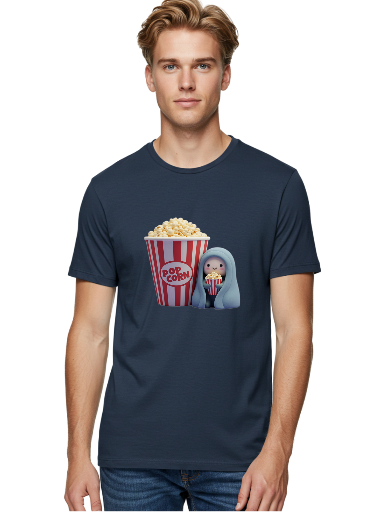 Pop-Corn Men'S Graphic Tee, 100% Cotton, Comfortable Casual Summer Wear, Machine Washable, Cartoon Character, Red And White Striped Container, Small Bucket Of Popcorn, Cute Figurine, Blue Hooded Figure, Smiling Face, Fun Snack, Playful Vibe, Bac336