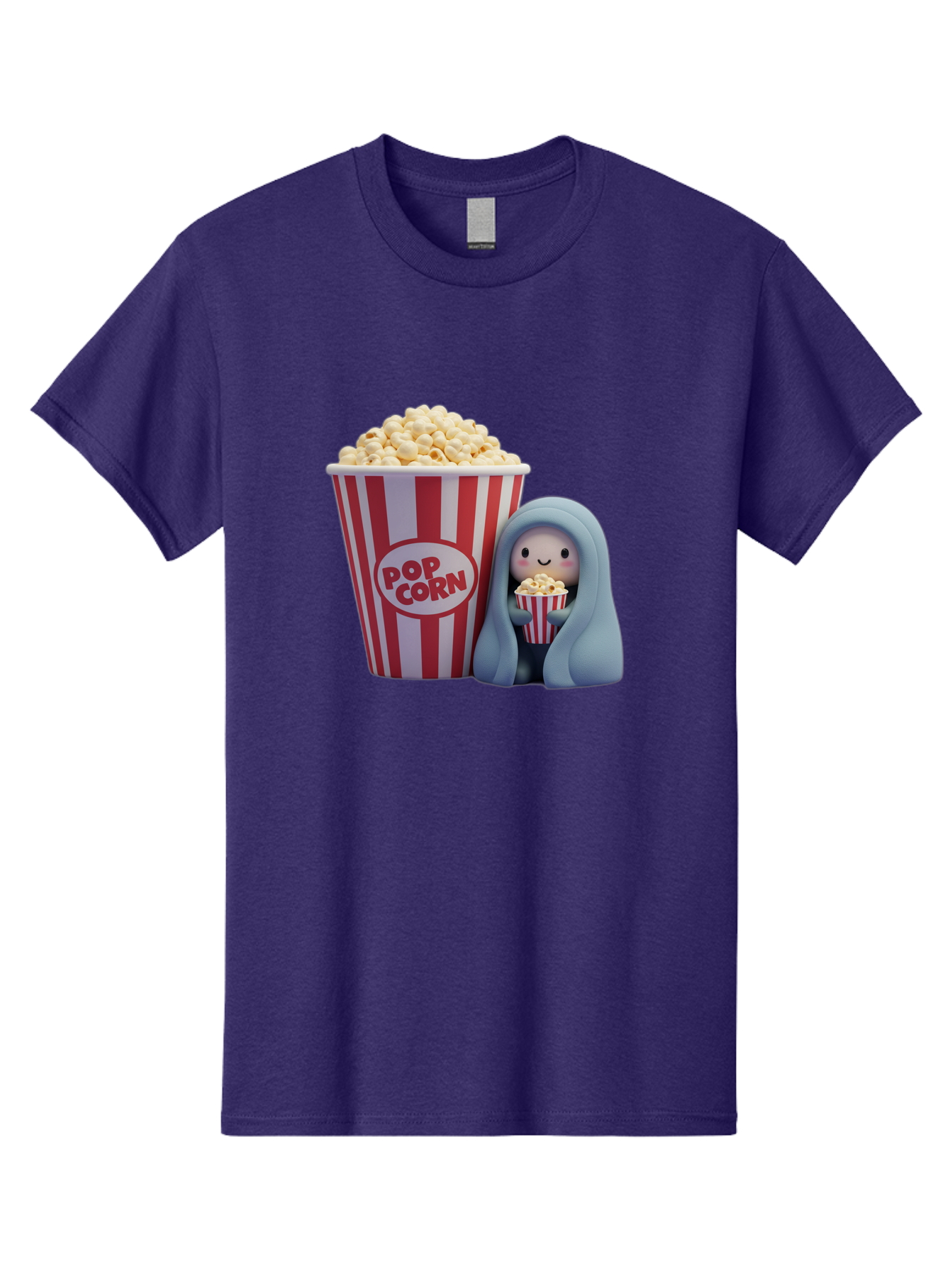 Pop-Corn Men'S Graphic Tee, 100% Cotton, Comfortable Casual Summer Wear, Machine Washable, Cartoon Character, Red And White Striped Container, Small Bucket Of Popcorn, Cute Figurine, Blue Hooded Figure, Smiling Face, Fun Snack, Playful Vibe, Bac336