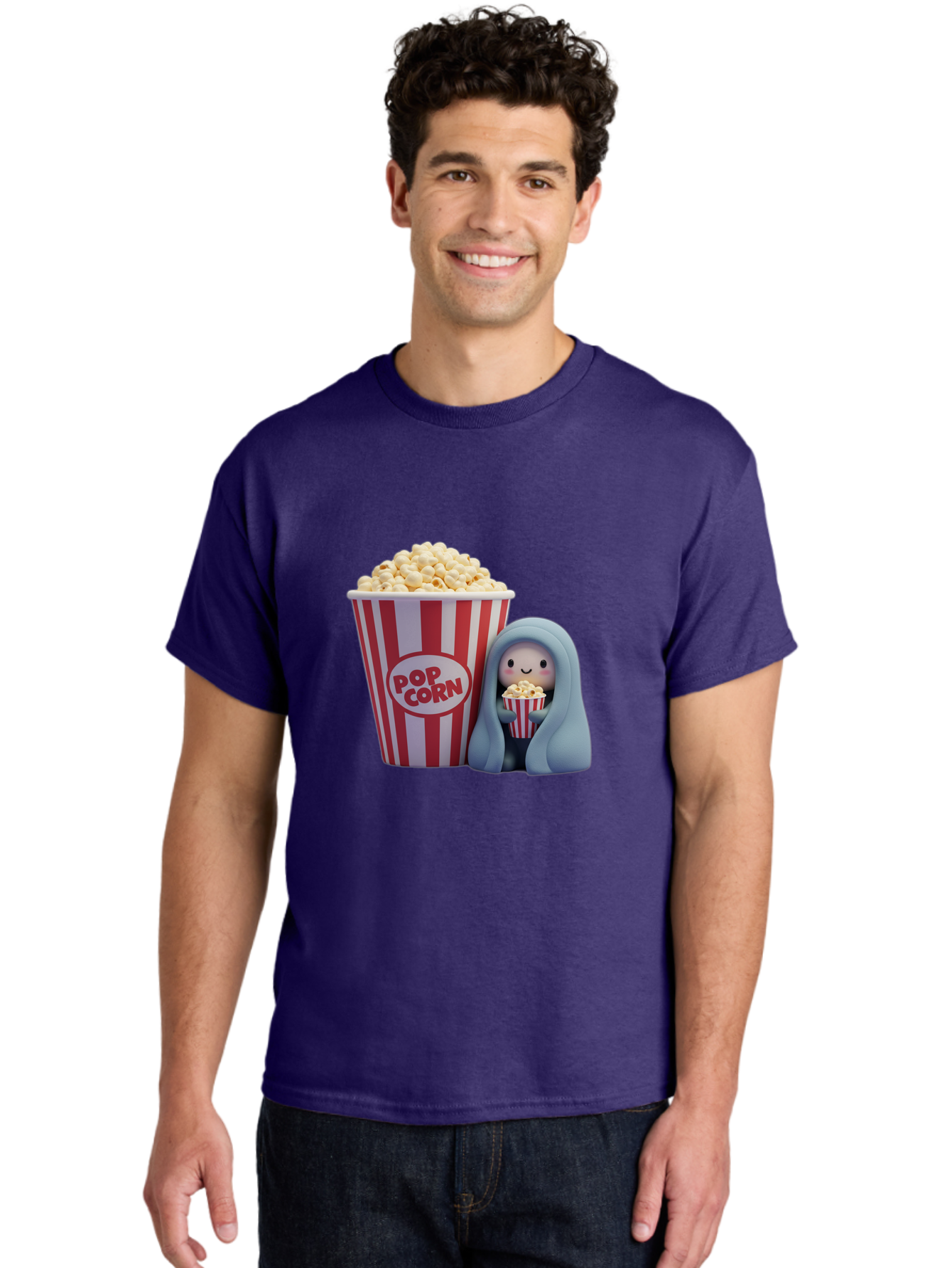 Pop-Corn Men'S Graphic Tee, 100% Cotton, Comfortable Casual Summer Wear, Machine Washable, Cartoon Character, Red And White Striped Container, Small Bucket Of Popcorn, Cute Figurine, Blue Hooded Figure, Smiling Face, Fun Snack, Playful Vibe, Bac336