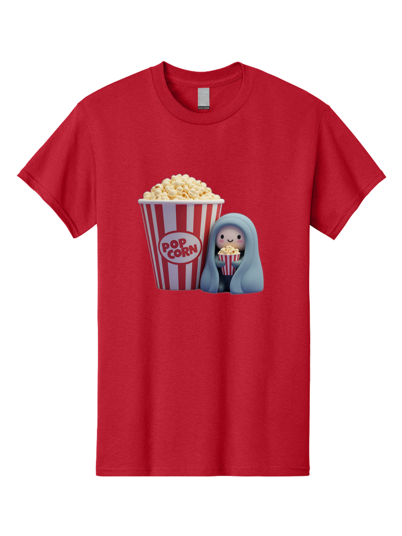 Pop-Corn Men'S Graphic Tee, 100% Cotton, Comfortable Casual Summer Wear, Machine Washable, Cartoon Character, Red And White Striped Container, Small Bucket Of Popcorn, Cute Figurine, Blue Hooded Figure, Smiling Face, Fun Snack, Playful Vibe, Bac336
