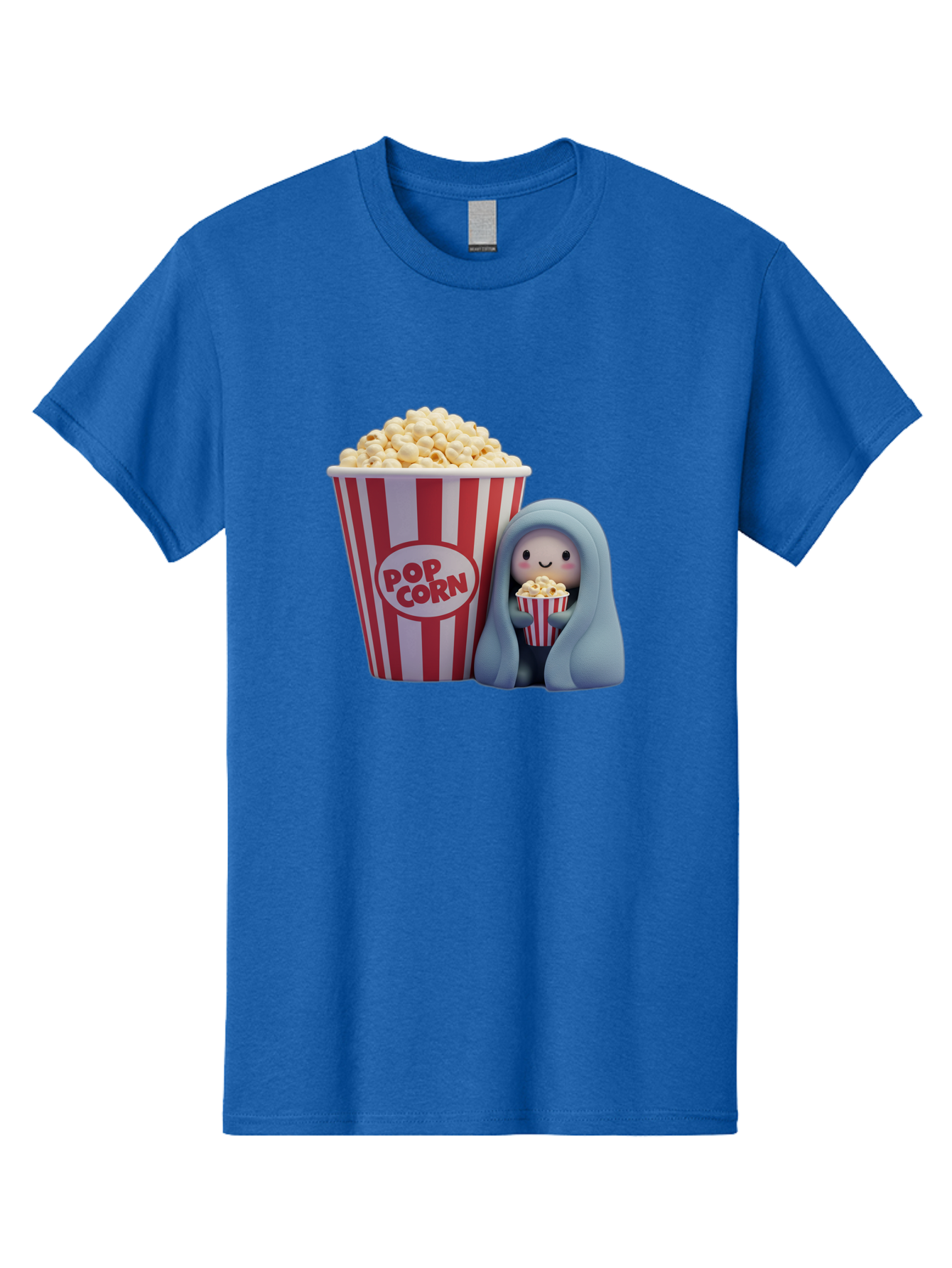 Pop-Corn Men'S Graphic Tee, 100% Cotton, Comfortable Casual Summer Wear, Machine Washable, Cartoon Character, Red And White Striped Container, Small Bucket Of Popcorn, Cute Figurine, Blue Hooded Figure, Smiling Face, Fun Snack, Playful Vibe, Bac336