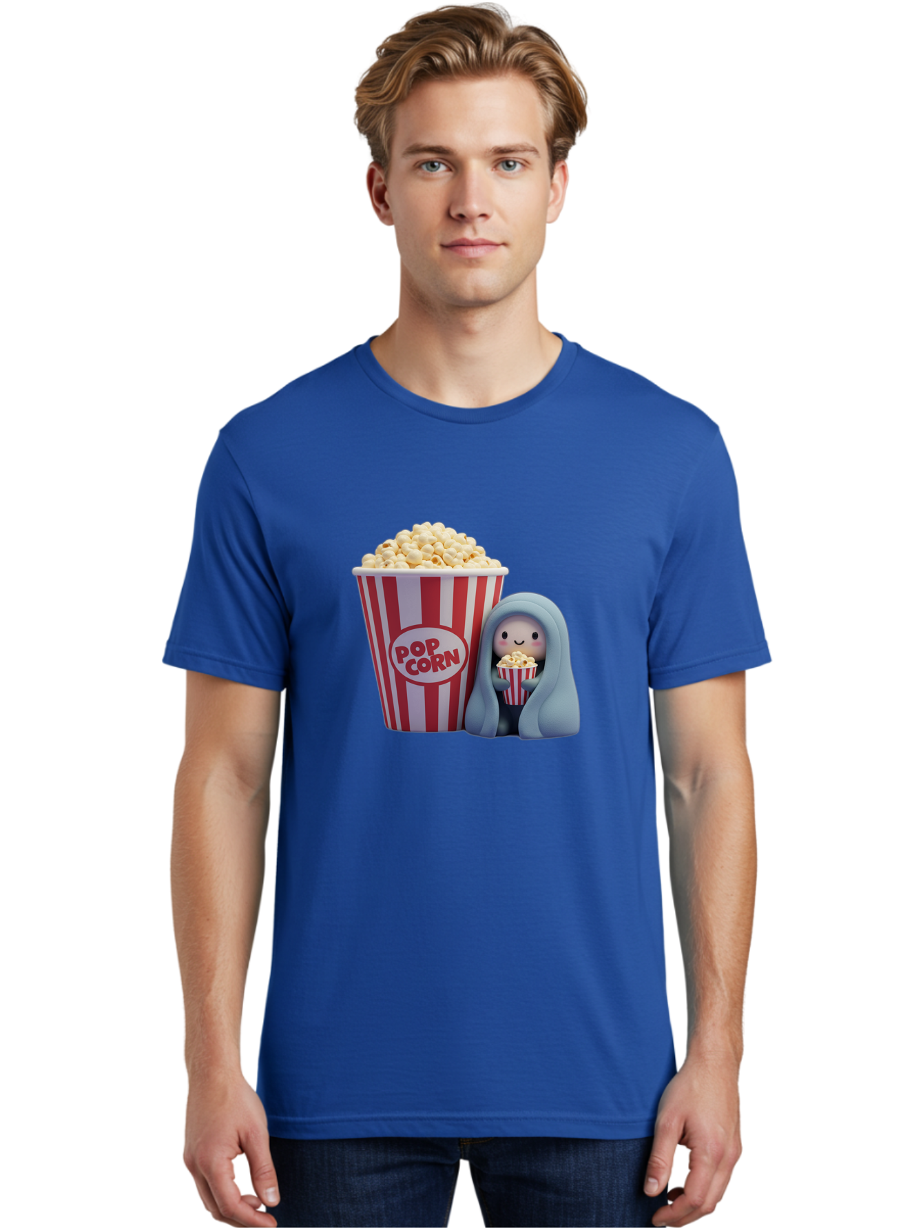 Pop-Corn Men'S Graphic Tee, 100% Cotton, Comfortable Casual Summer Wear, Machine Washable, Cartoon Character, Red And White Striped Container, Small Bucket Of Popcorn, Cute Figurine, Blue Hooded Figure, Smiling Face, Fun Snack, Playful Vibe, Bac336