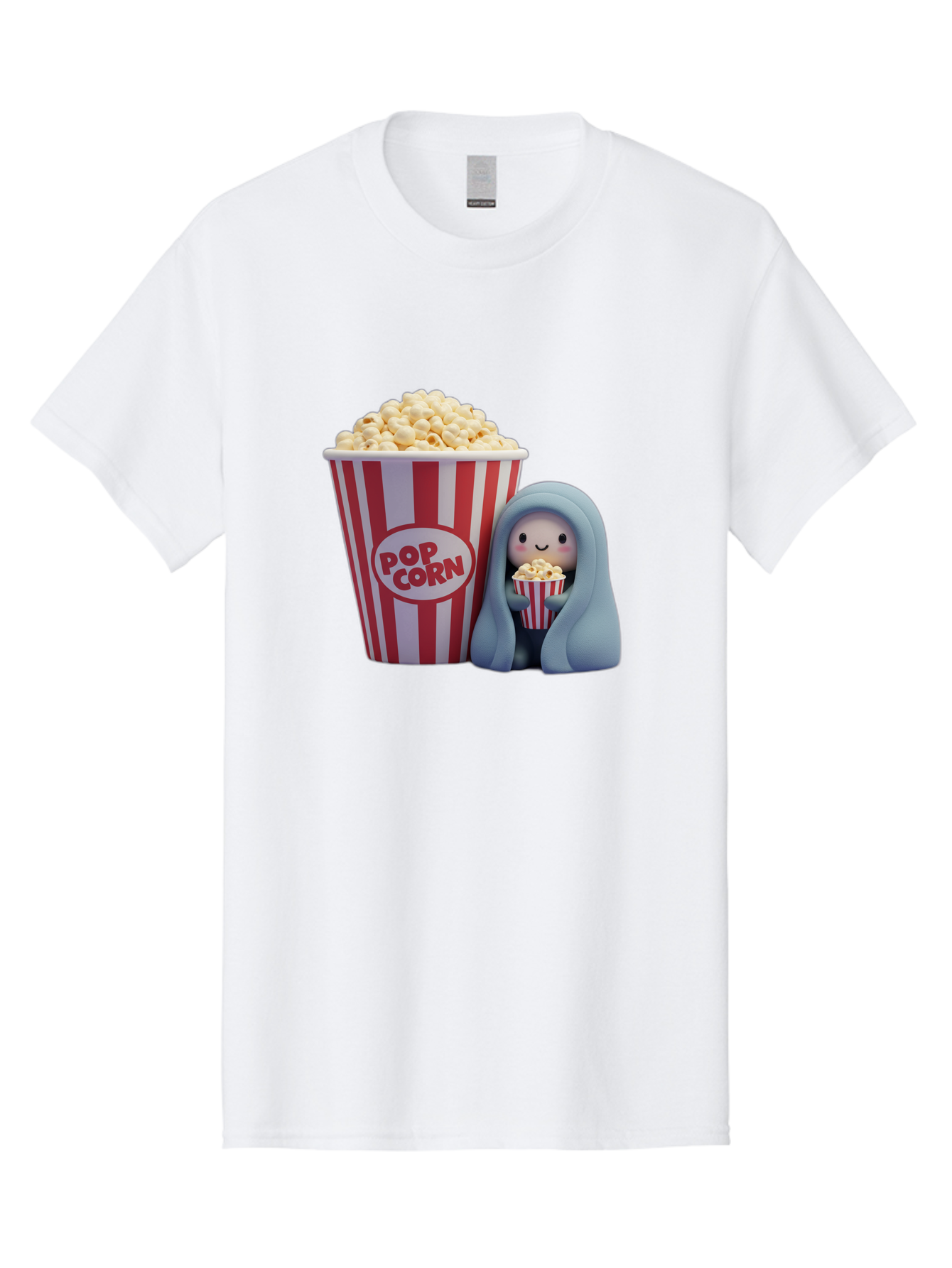 Pop-Corn Men'S Graphic Tee, 100% Cotton, Comfortable Casual Summer Wear, Machine Washable, Cartoon Character, Red And White Striped Container, Small Bucket Of Popcorn, Cute Figurine, Blue Hooded Figure, Smiling Face, Fun Snack, Playful Vibe, Bac336