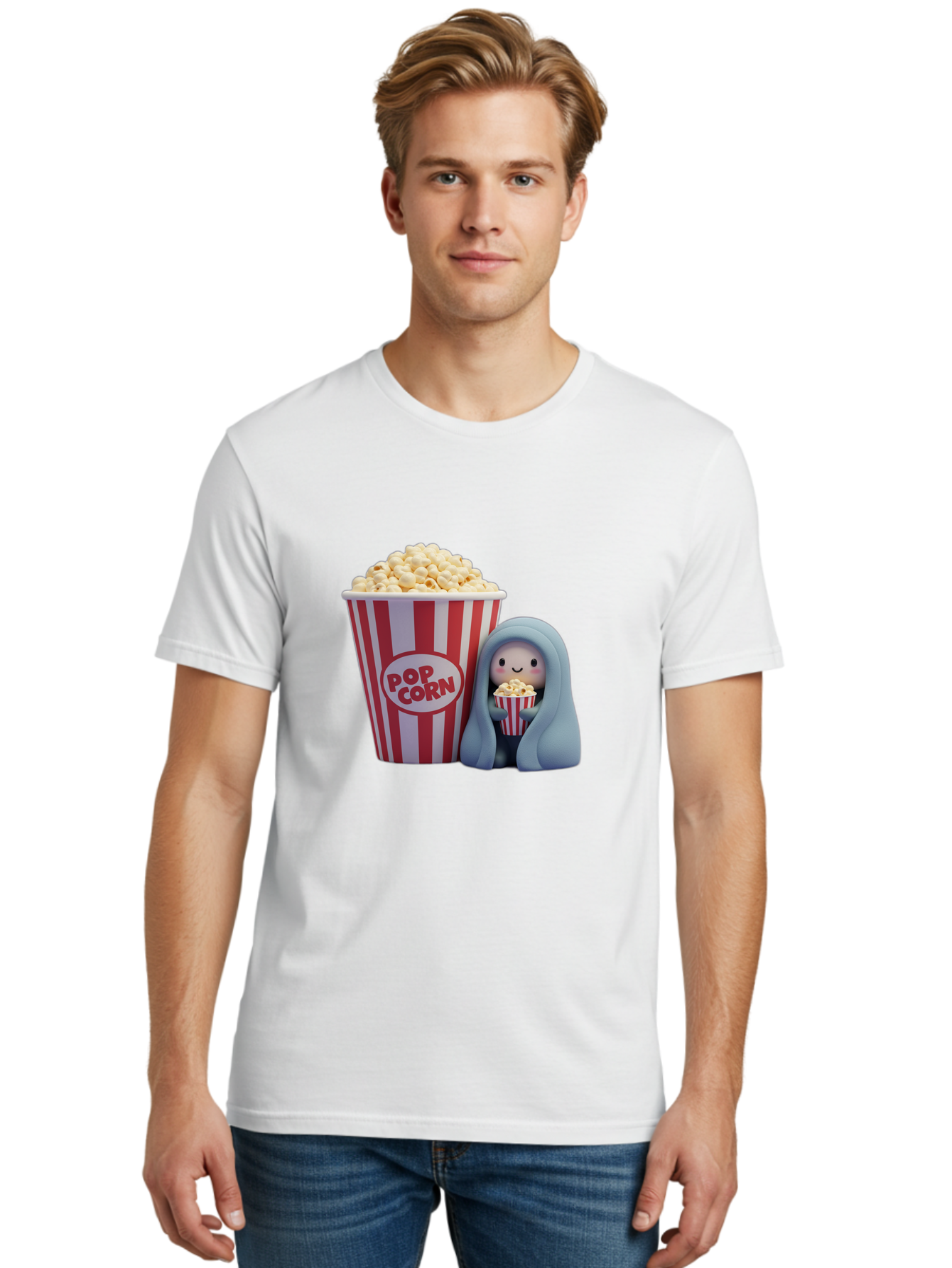 Pop-Corn Men'S Graphic Tee, 100% Cotton, Comfortable Casual Summer Wear, Machine Washable, Cartoon Character, Red And White Striped Container, Small Bucket Of Popcorn, Cute Figurine, Blue Hooded Figure, Smiling Face, Fun Snack, Playful Vibe, Bac336