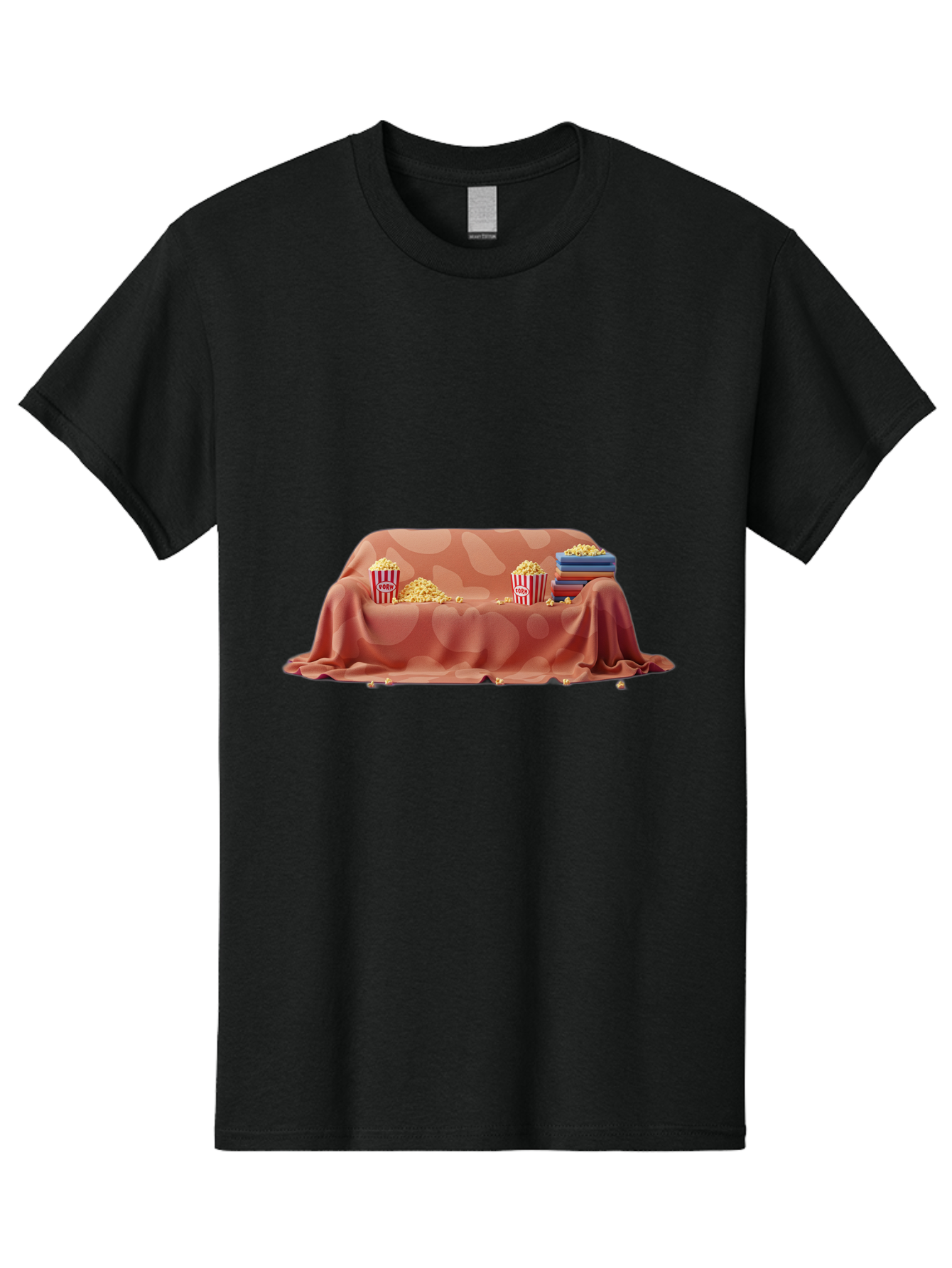 Popcorn-And-Dvd Men'S Graphic Tee, 100% Cotton, Comfortable Casual Summer Wear, Machine Washable, Popcorn Buckets, Pink Blanket, Scattered Popcorn, Stack Of Books, Cozy Atmosphere, Movie Night, Cinematic Experience, Red And White Stripes, Bac337