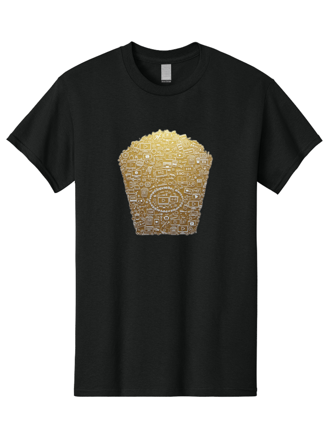 Popcorn Men'S Graphic Tee, 100% Cotton, Comfortable Casual Summer Wear, Machine Washable, Popcorn Bucket, Play Button, Video Icons, Social Media Symbols, Digital Media, Online Content, Entertainment, Multimedia Icons, Film Strip, Video Player, Bac339