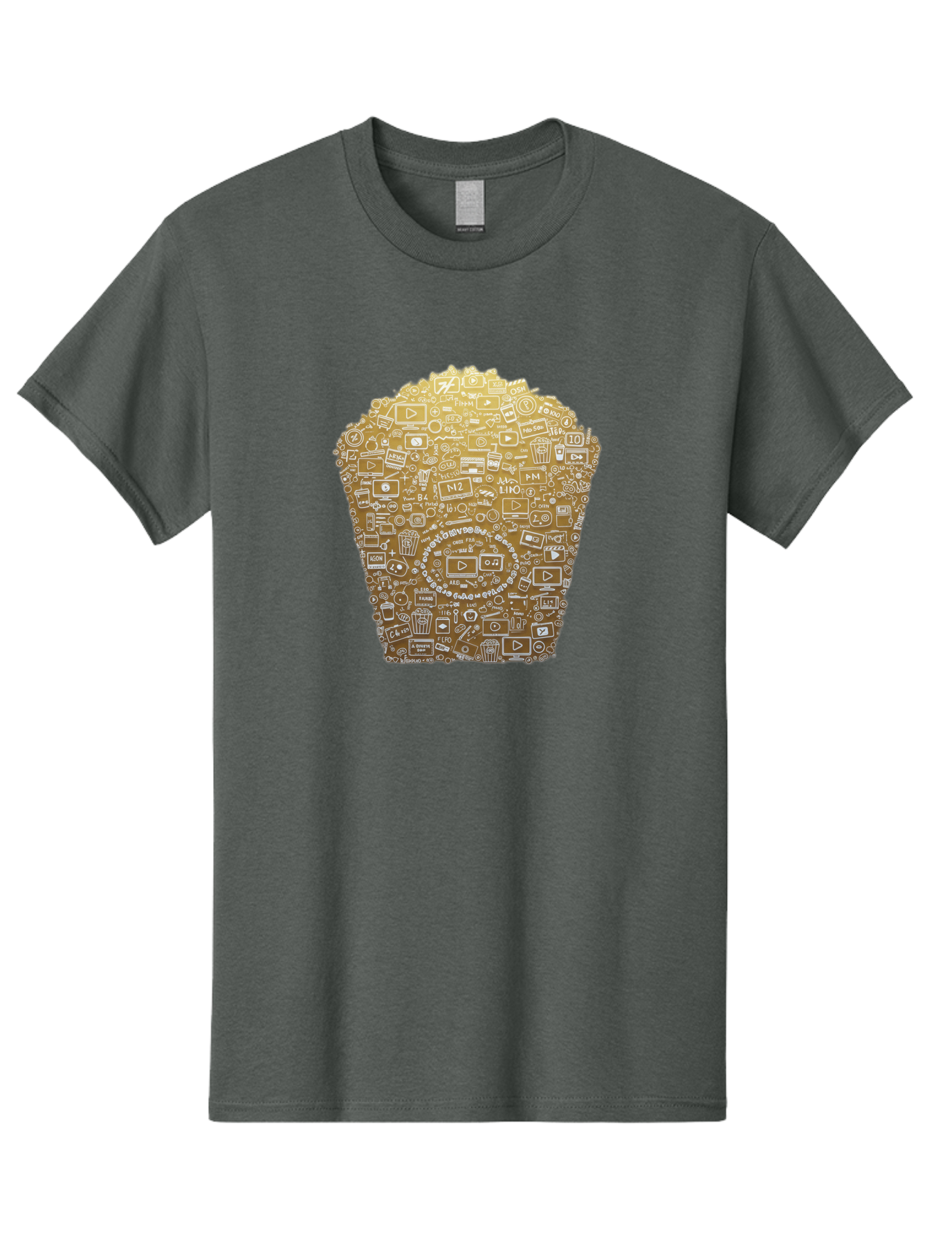 Popcorn Men'S Graphic Tee, 100% Cotton, Comfortable Casual Summer Wear, Machine Washable, Popcorn Bucket, Play Button, Video Icons, Social Media Symbols, Digital Media, Online Content, Entertainment, Multimedia Icons, Film Strip, Video Player, Bac339