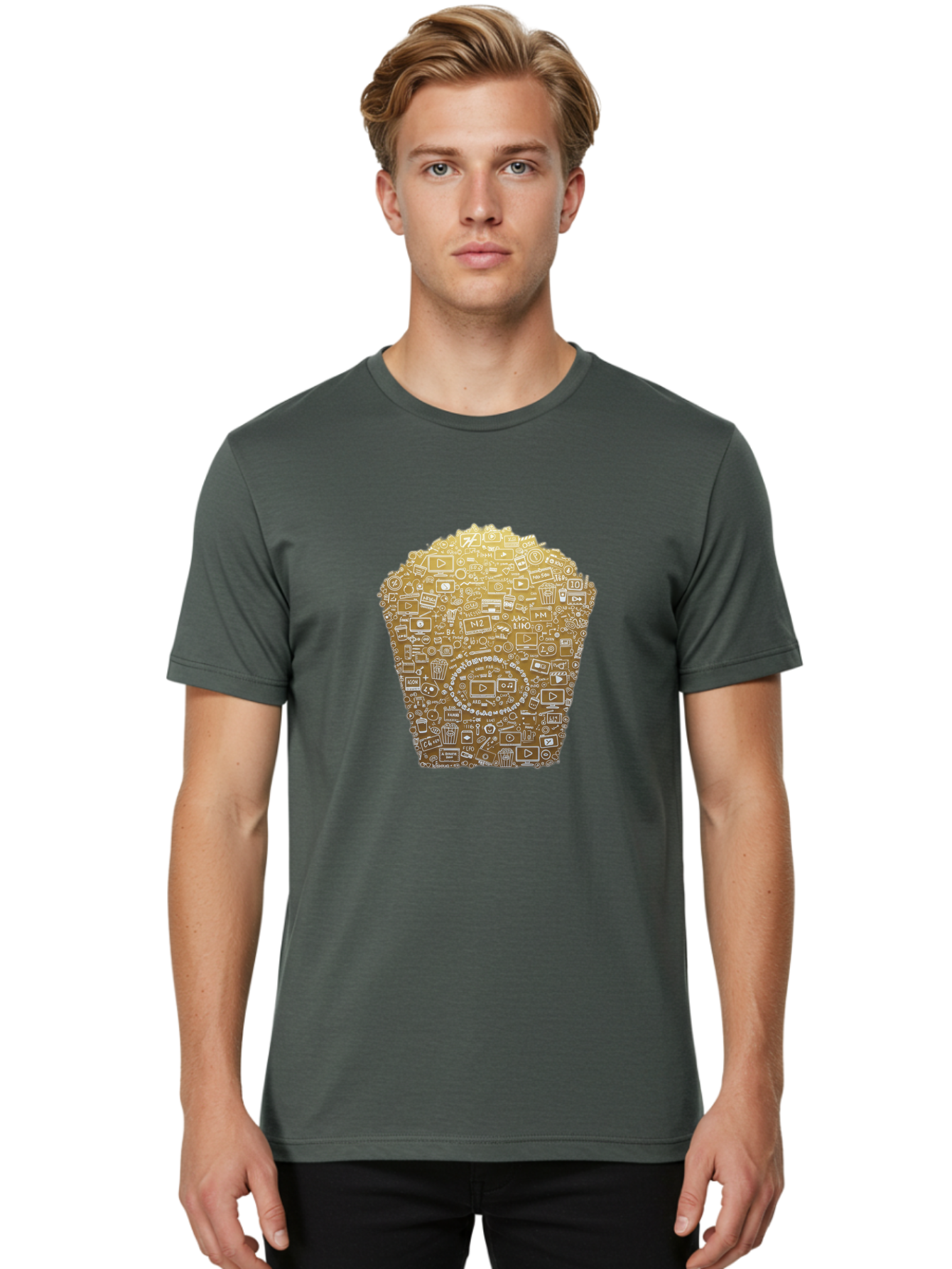 Popcorn Men'S Graphic Tee, 100% Cotton, Comfortable Casual Summer Wear, Machine Washable, Popcorn Bucket, Play Button, Video Icons, Social Media Symbols, Digital Media, Online Content, Entertainment, Multimedia Icons, Film Strip, Video Player, Bac339