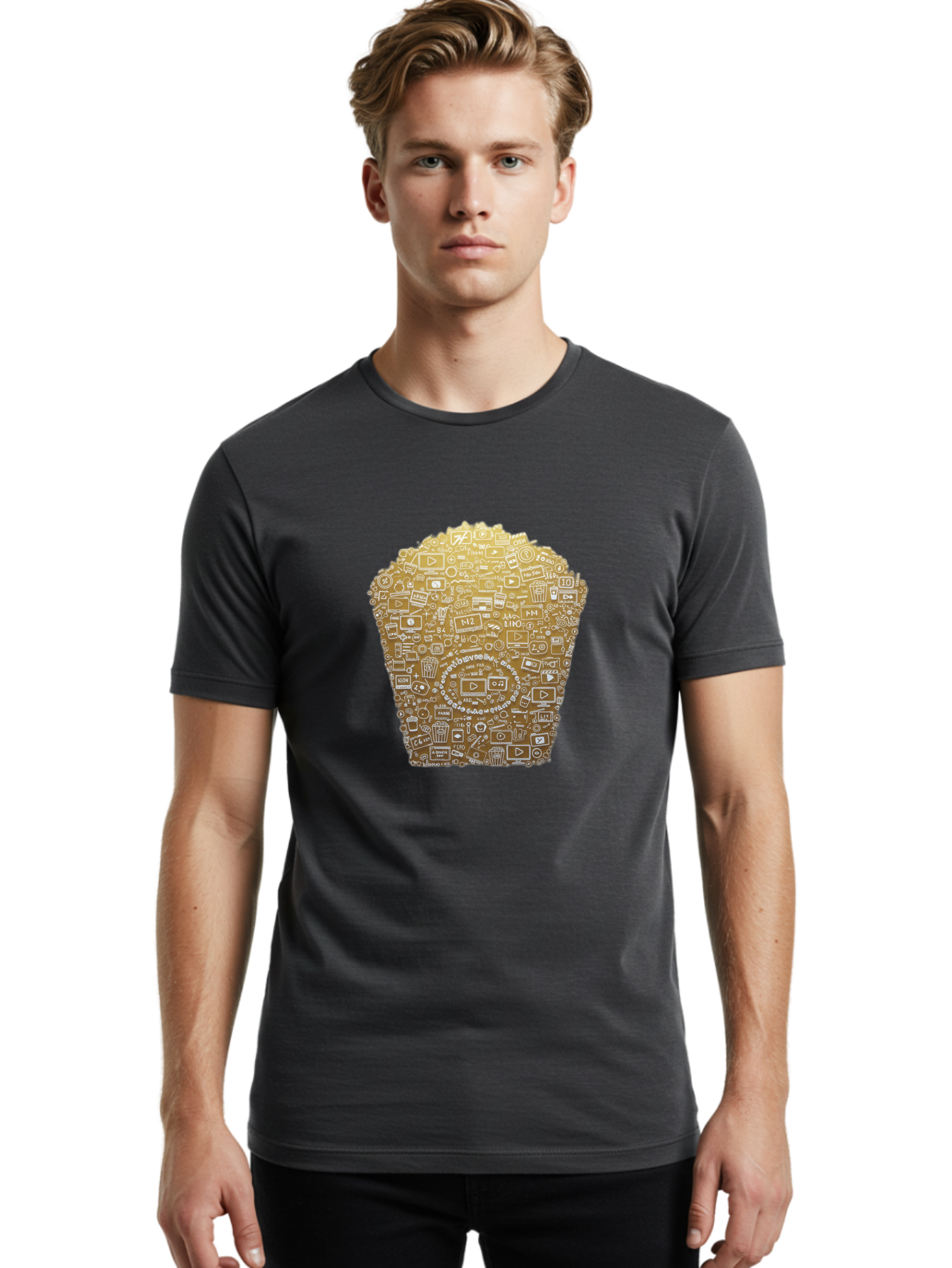Popcorn Men'S Graphic Tee, 100% Cotton, Comfortable Casual Summer Wear, Machine Washable, Popcorn Bucket, Play Button, Video Icons, Social Media Symbols, Digital Media, Online Content, Entertainment, Multimedia Icons, Film Strip, Video Player, Bac339