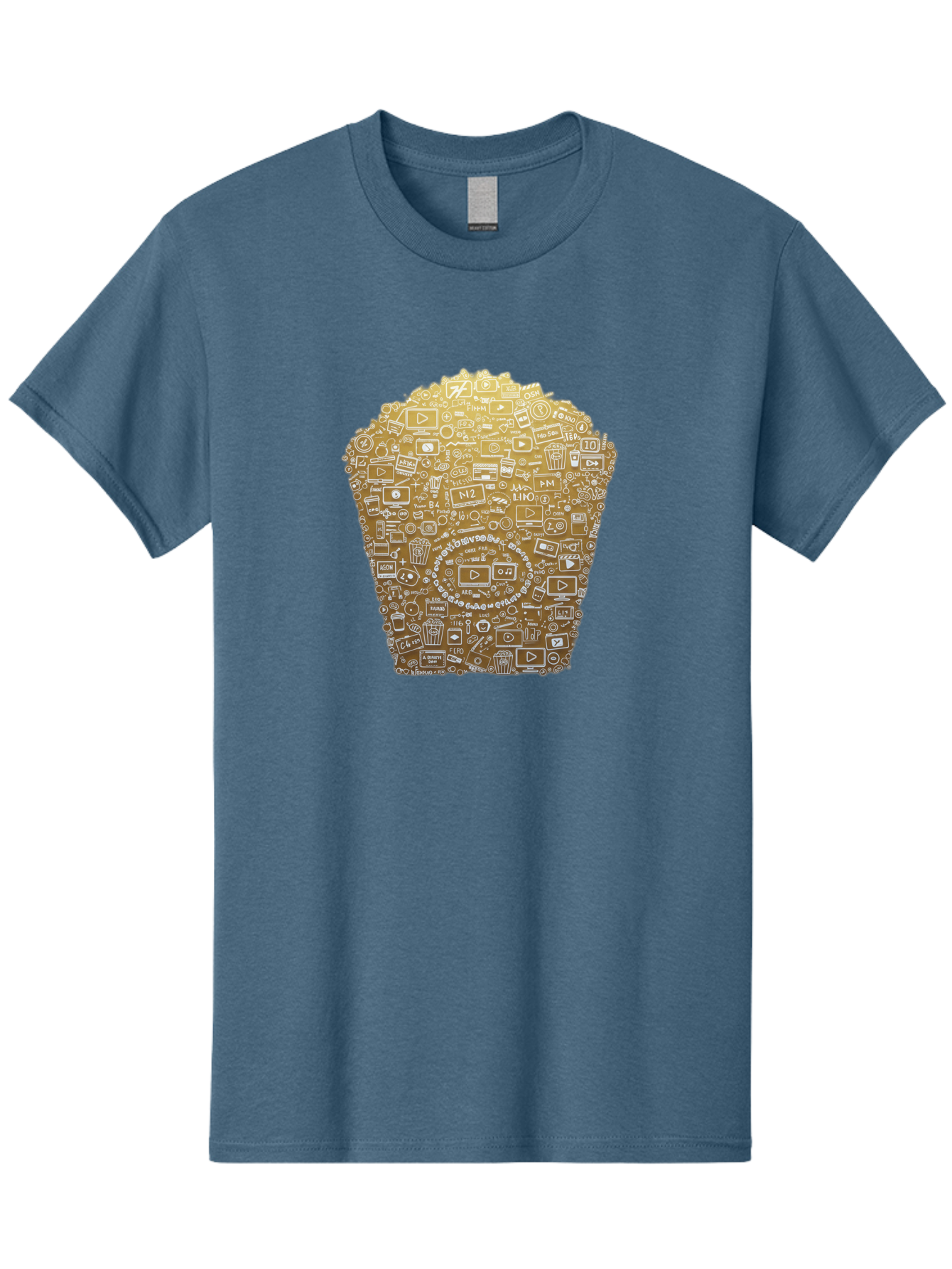 Popcorn Men'S Graphic Tee, 100% Cotton, Comfortable Casual Summer Wear, Machine Washable, Popcorn Bucket, Play Button, Video Icons, Social Media Symbols, Digital Media, Online Content, Entertainment, Multimedia Icons, Film Strip, Video Player, Bac339