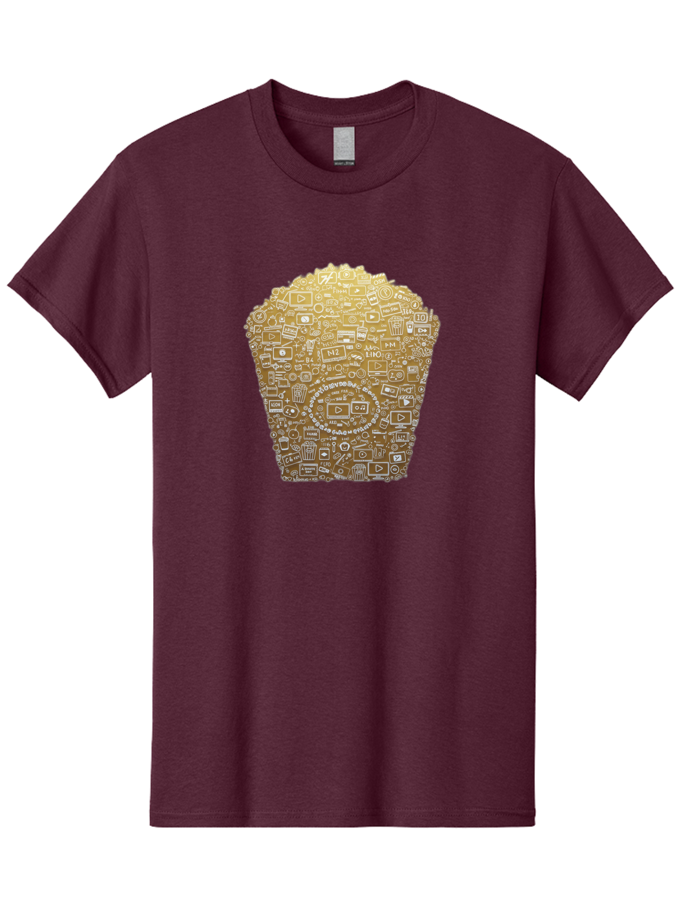 Popcorn Men'S Graphic Tee, 100% Cotton, Comfortable Casual Summer Wear, Machine Washable, Popcorn Bucket, Play Button, Video Icons, Social Media Symbols, Digital Media, Online Content, Entertainment, Multimedia Icons, Film Strip, Video Player, Bac339