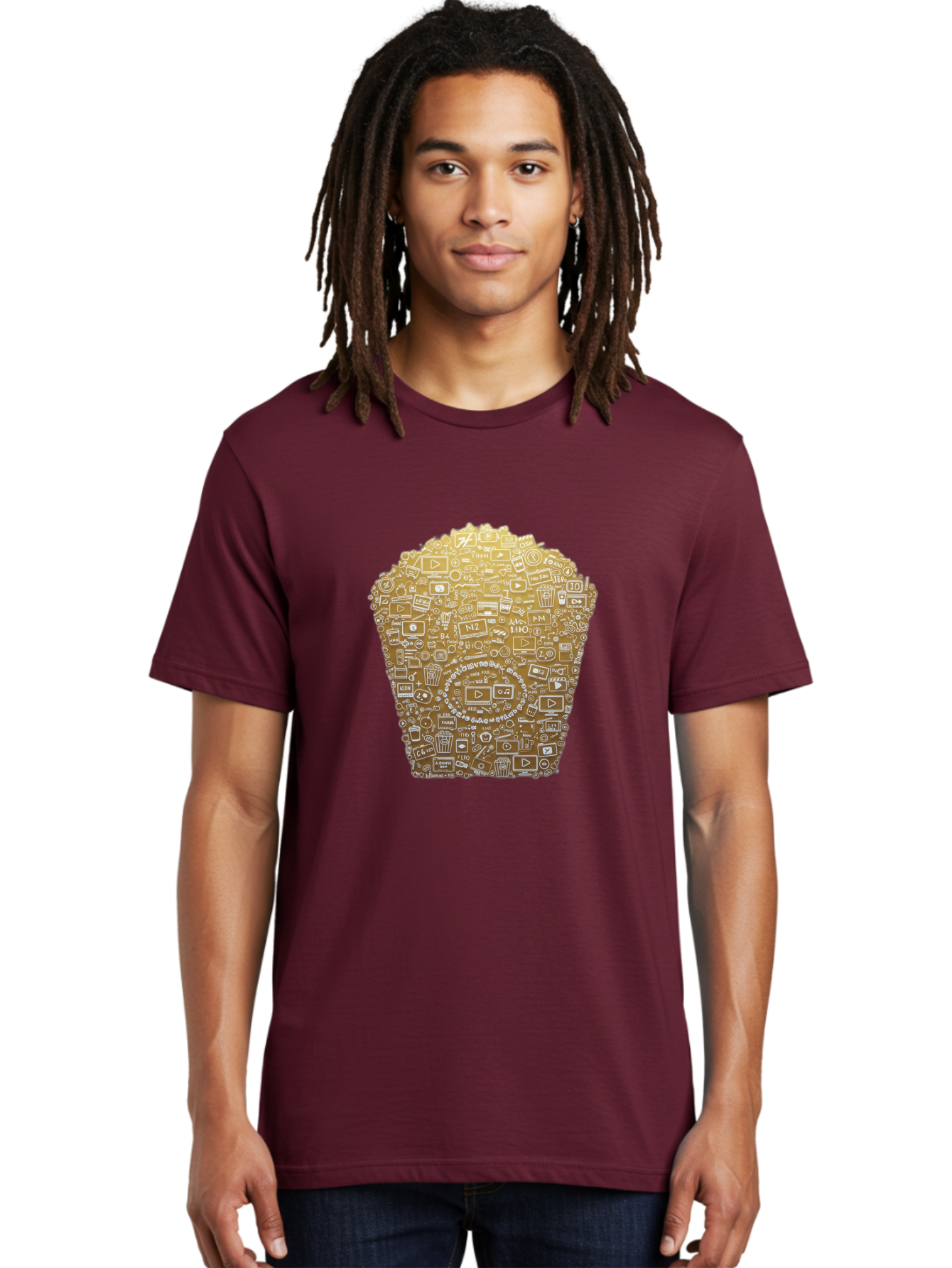 Popcorn Men'S Graphic Tee, 100% Cotton, Comfortable Casual Summer Wear, Machine Washable, Popcorn Bucket, Play Button, Video Icons, Social Media Symbols, Digital Media, Online Content, Entertainment, Multimedia Icons, Film Strip, Video Player, Bac339